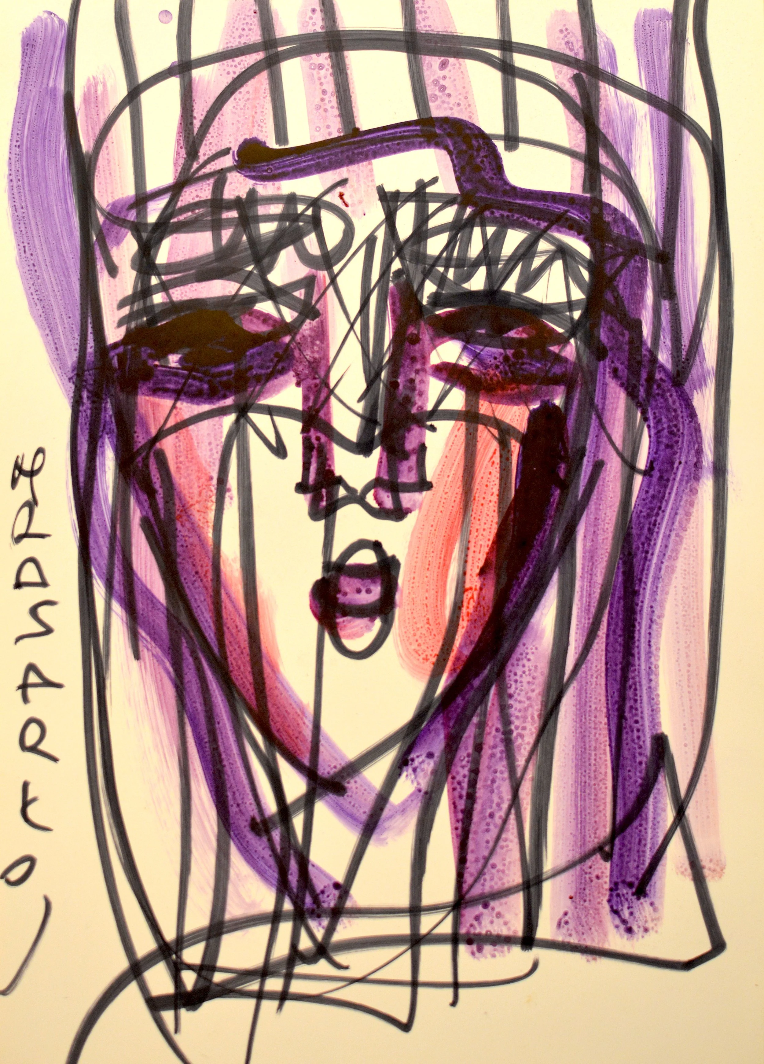 Peinture portrait expressionniste visage violet lignes noires marqueur sur papier par Hrasarkos titre La Voix Captive.