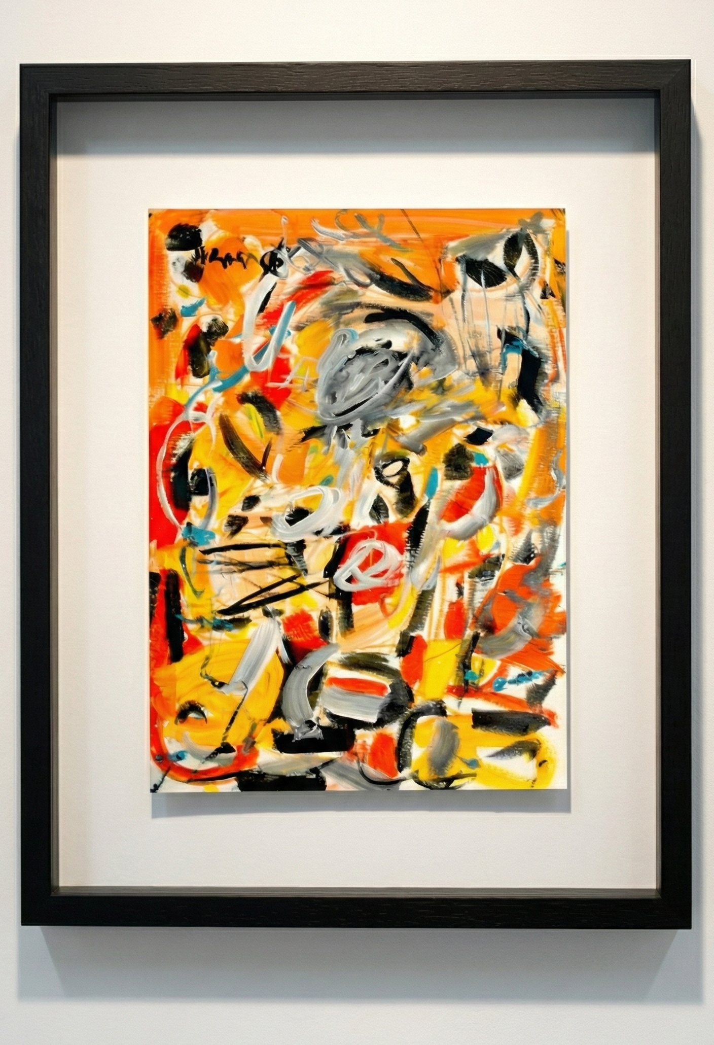 Peinture abstraite huile sur papier intitulée Le Tumulte des Jours, présentant des coups de pinceaux énergiques jaunes, rouges et noirs sur fond clair.