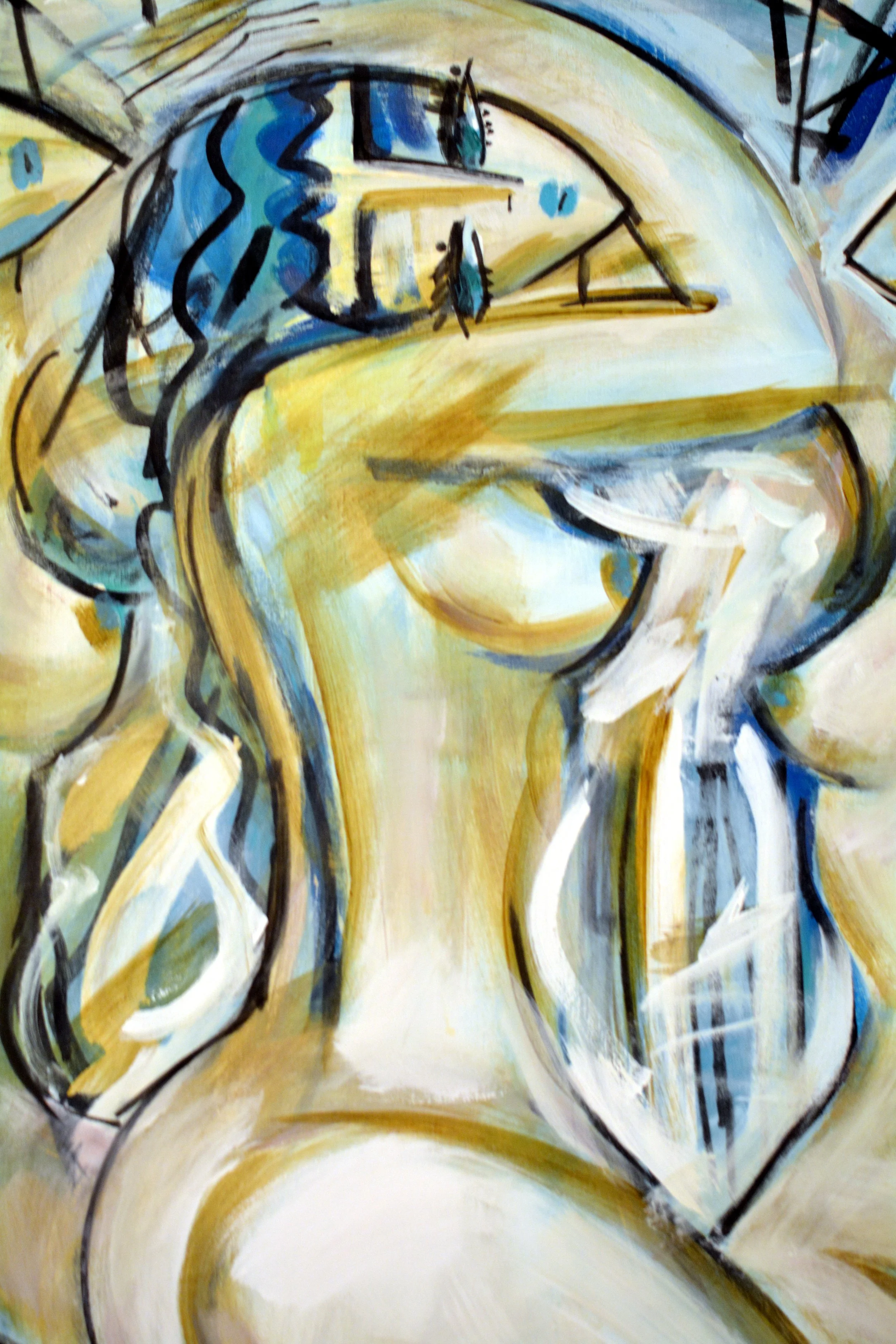 Peinture grand format de Hrasarkos intitulée La Cadence des Grâces, représentant trois femmes nues stylisées dans des tons bleu, jaune et crème avec des contours noirs marqués, style néo-cubiste.