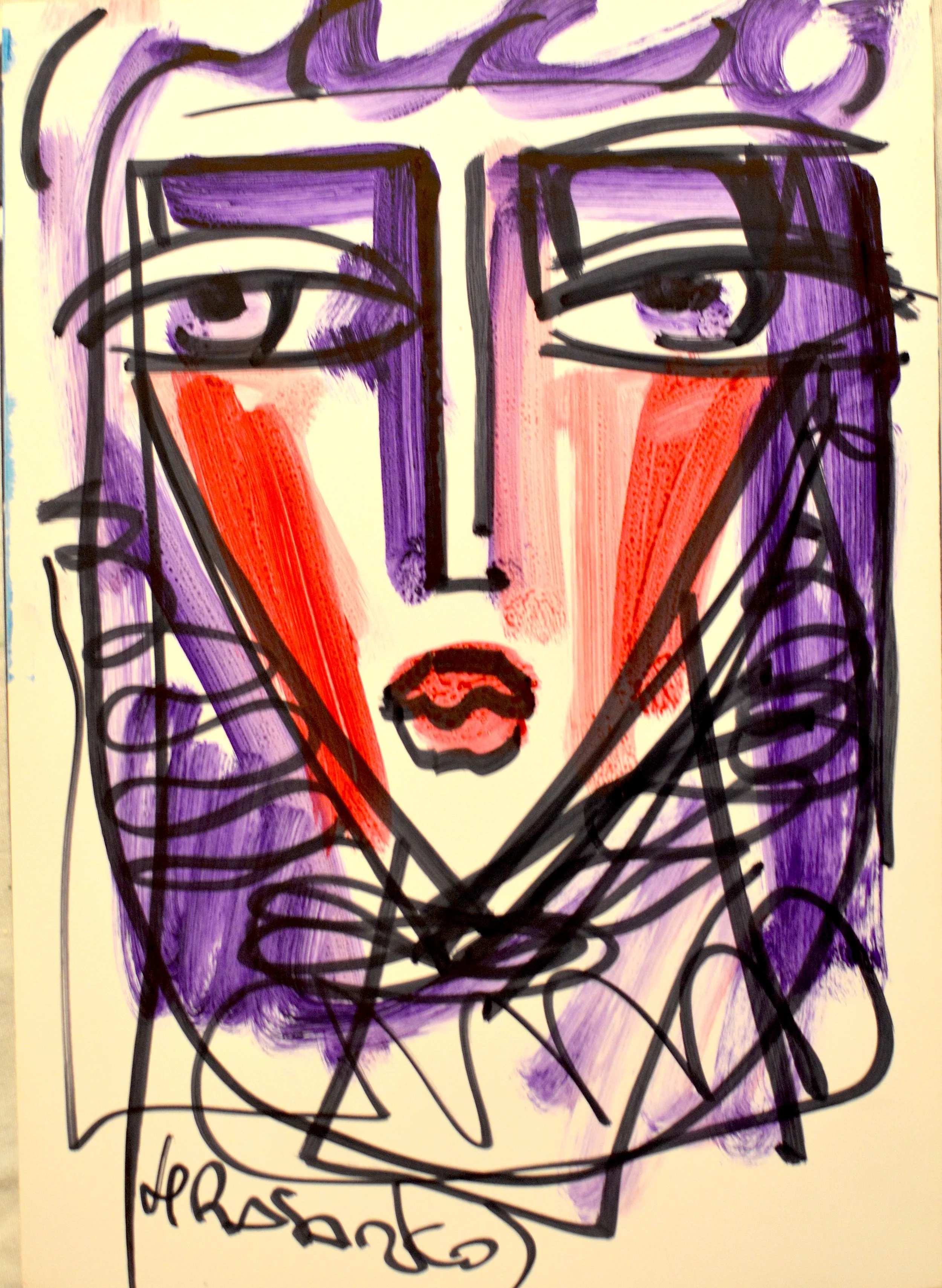 Peinture expressionniste portrait visage violet et rouge intitulé L'Oracle par Hrasarkos, technique mixte huile et marqueur sur papier.