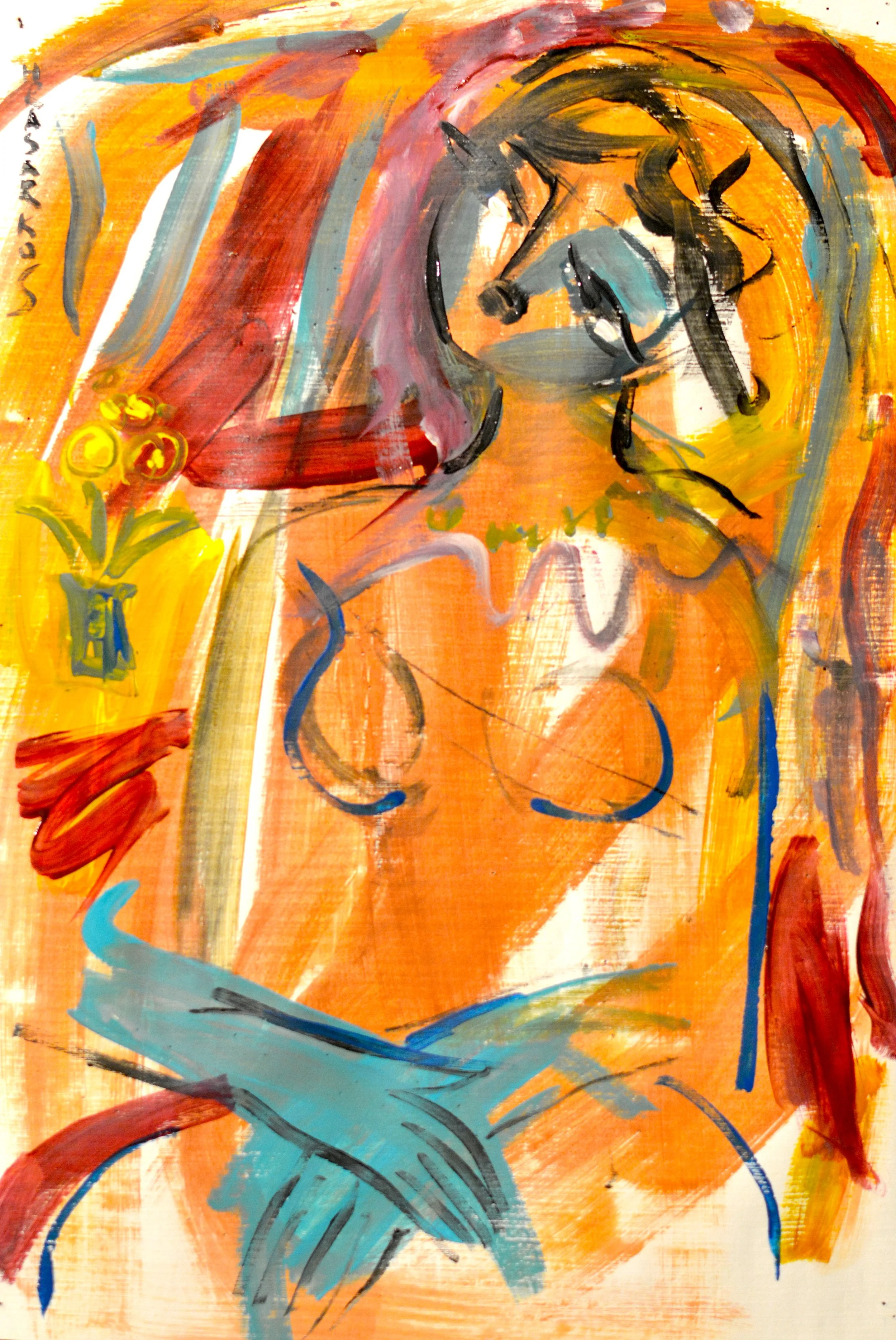 Peinture expressionniste de Hrasarkos intitulée La Muse aux Gants Céruléens