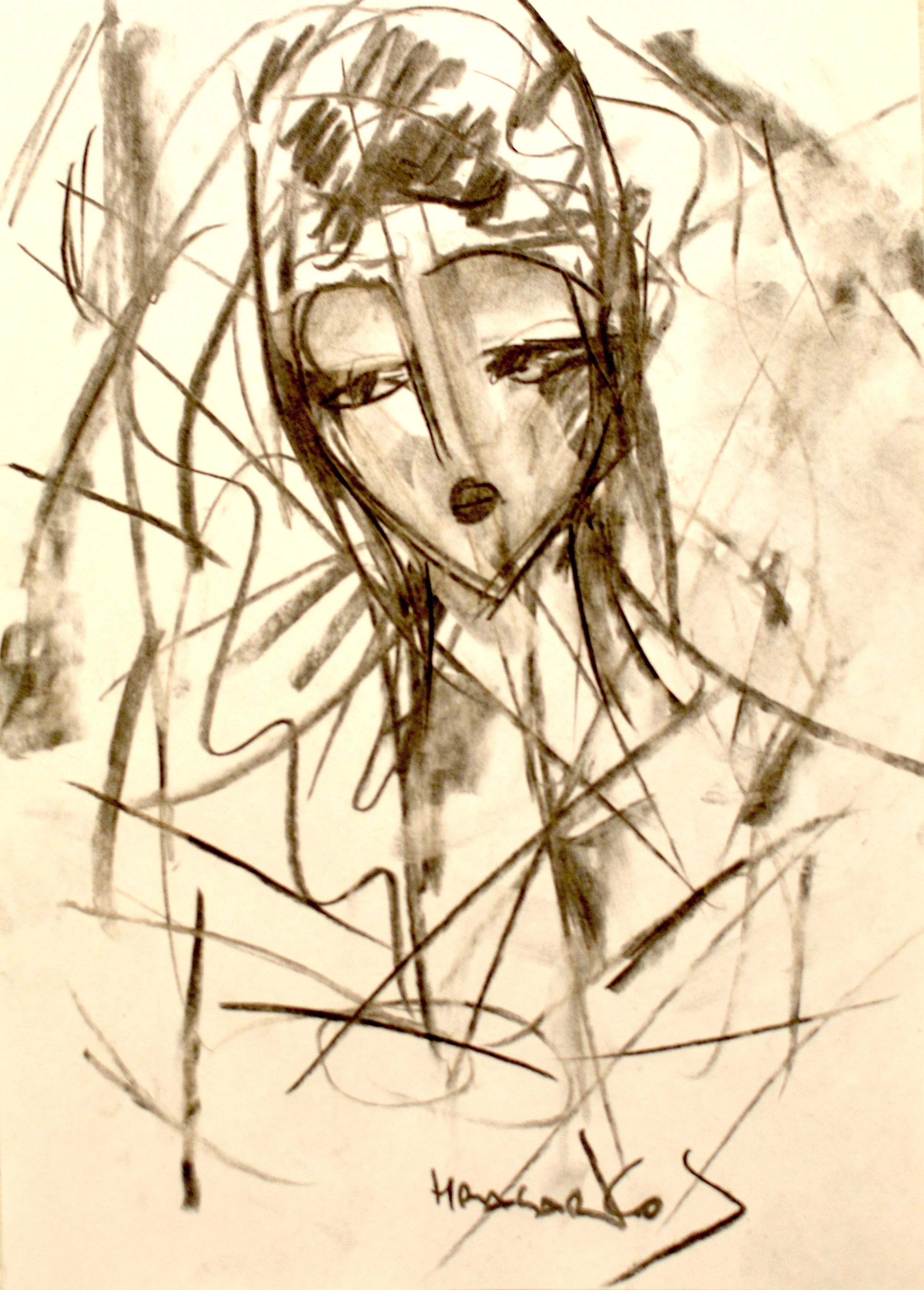 Dessin au fusain de Hrasarkos représentant un visage stylisé et mélancolique