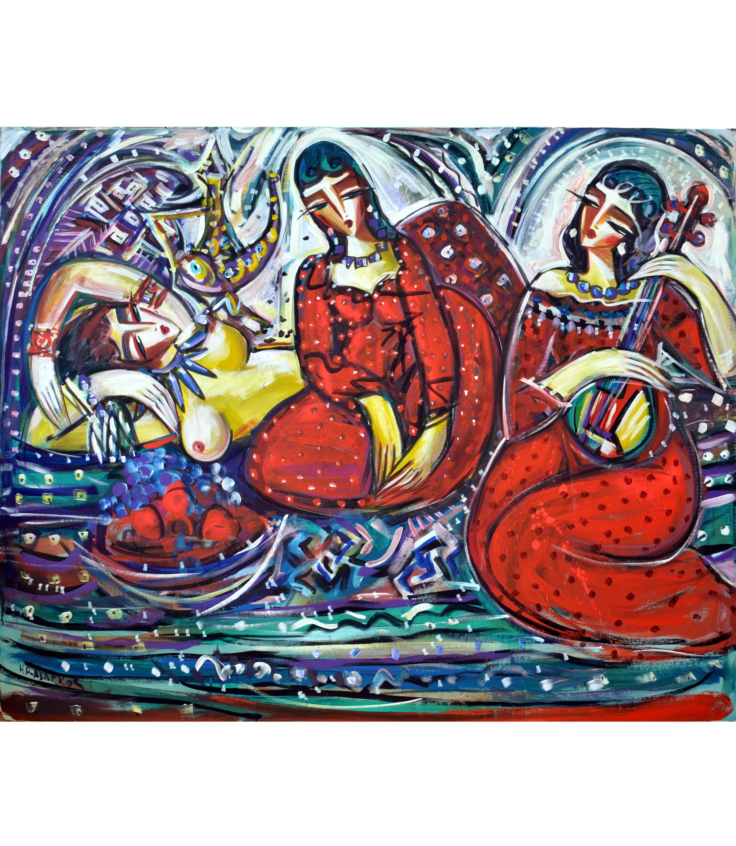Peinture acrylique contemporaine de Hrasarkos représentant trois femmes dans un style néo-expressionniste aux couleurs rouge, bleu et jaune, 130x162 cm.