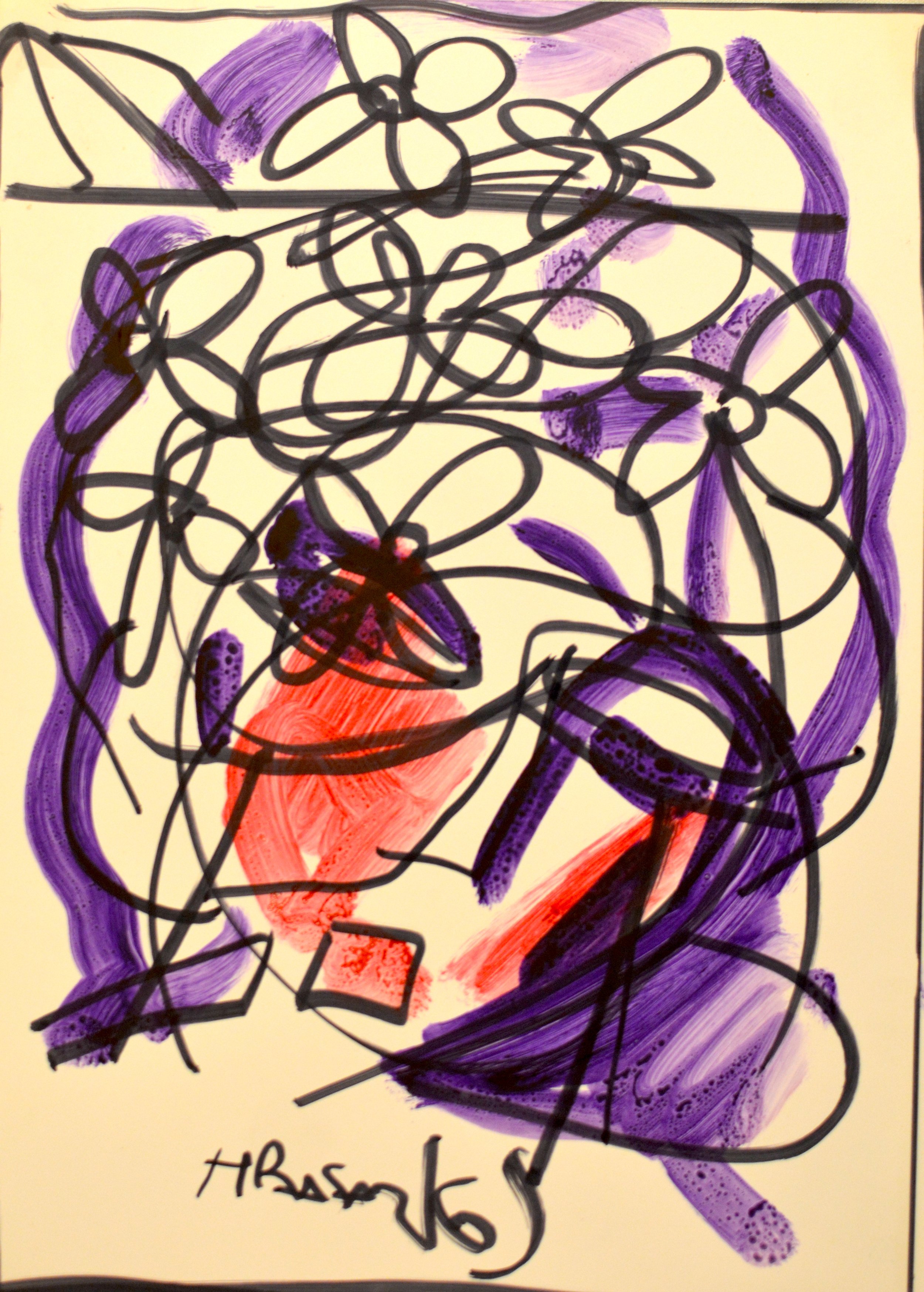 Dessin technique mixte de l'artiste Hrasarkos sur papier, représentant un visage abstrait entremêlé de motifs floraux noirs et de lavis violets et rouges