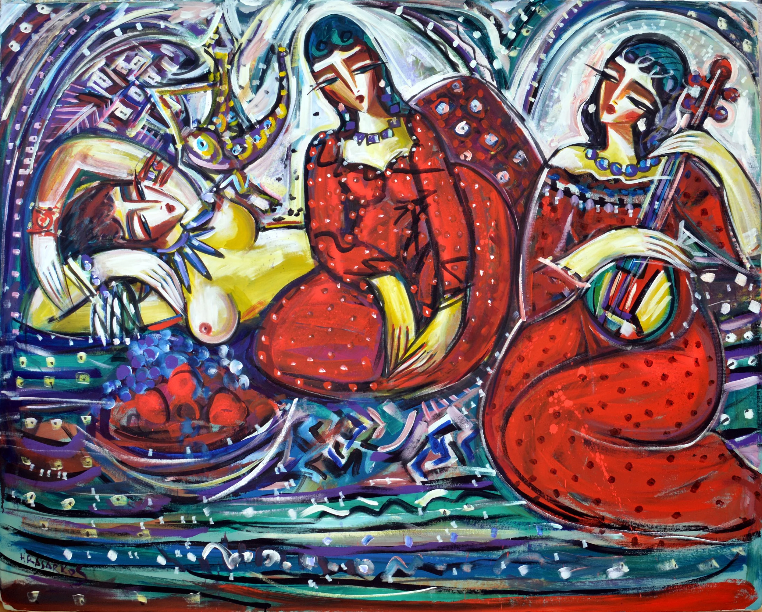 Peinture acrylique contemporaine de Hrasarkos représentant trois femmes dans un style néo-expressionniste aux couleurs rouge, bleu et jaune, 130x162 cm.