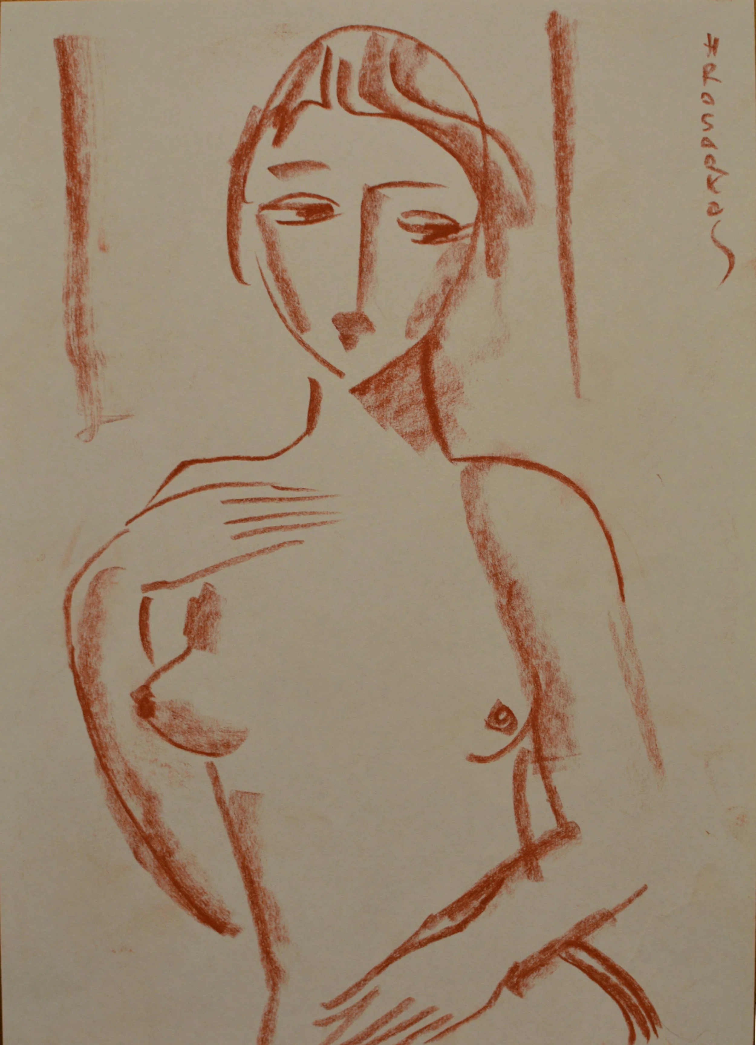 Dessin à la sanguine représentant un nu féminin stylisé aux traits géométriques par l'artiste Hrasarkos.