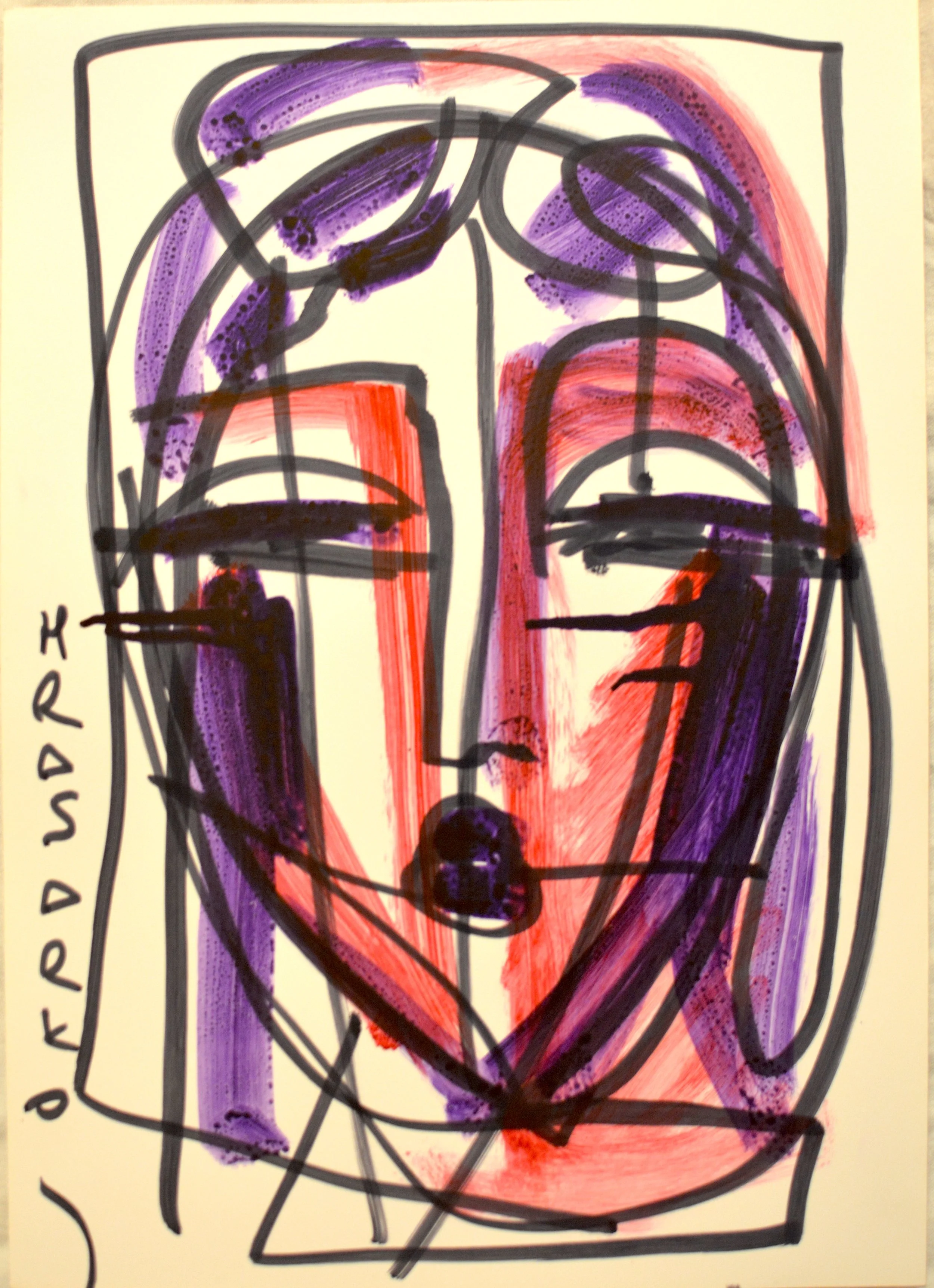 Portrait abstrait intitulé Mantra par Hrasarkos, réalisé à l'huile, essence et marqueur sur papier.