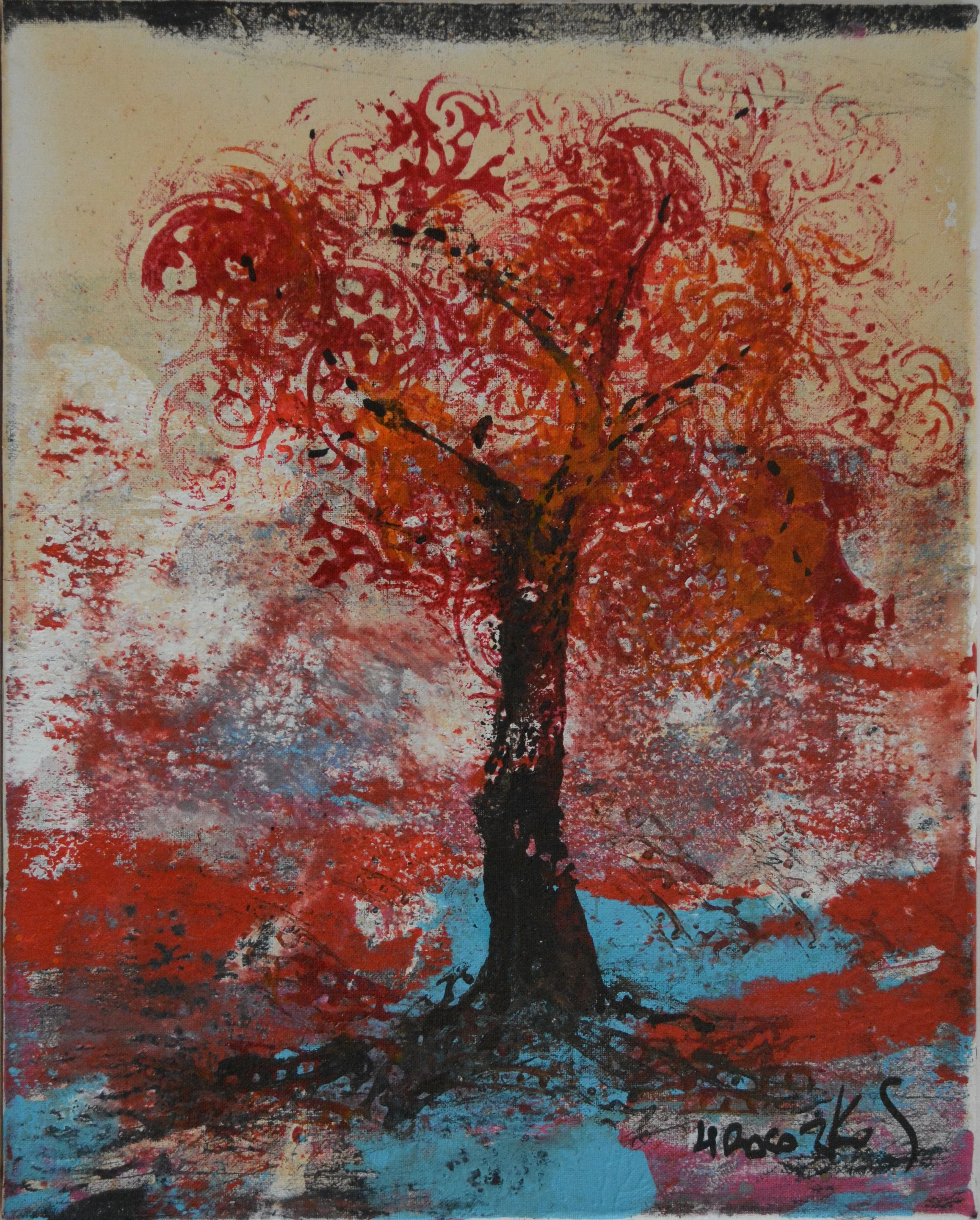 Tableau contemporain arbre rouge "L'Arbre de Feu" par HRASARKOS. Tirage d'art grand format 100x80cm sur verre acrylique brillant.