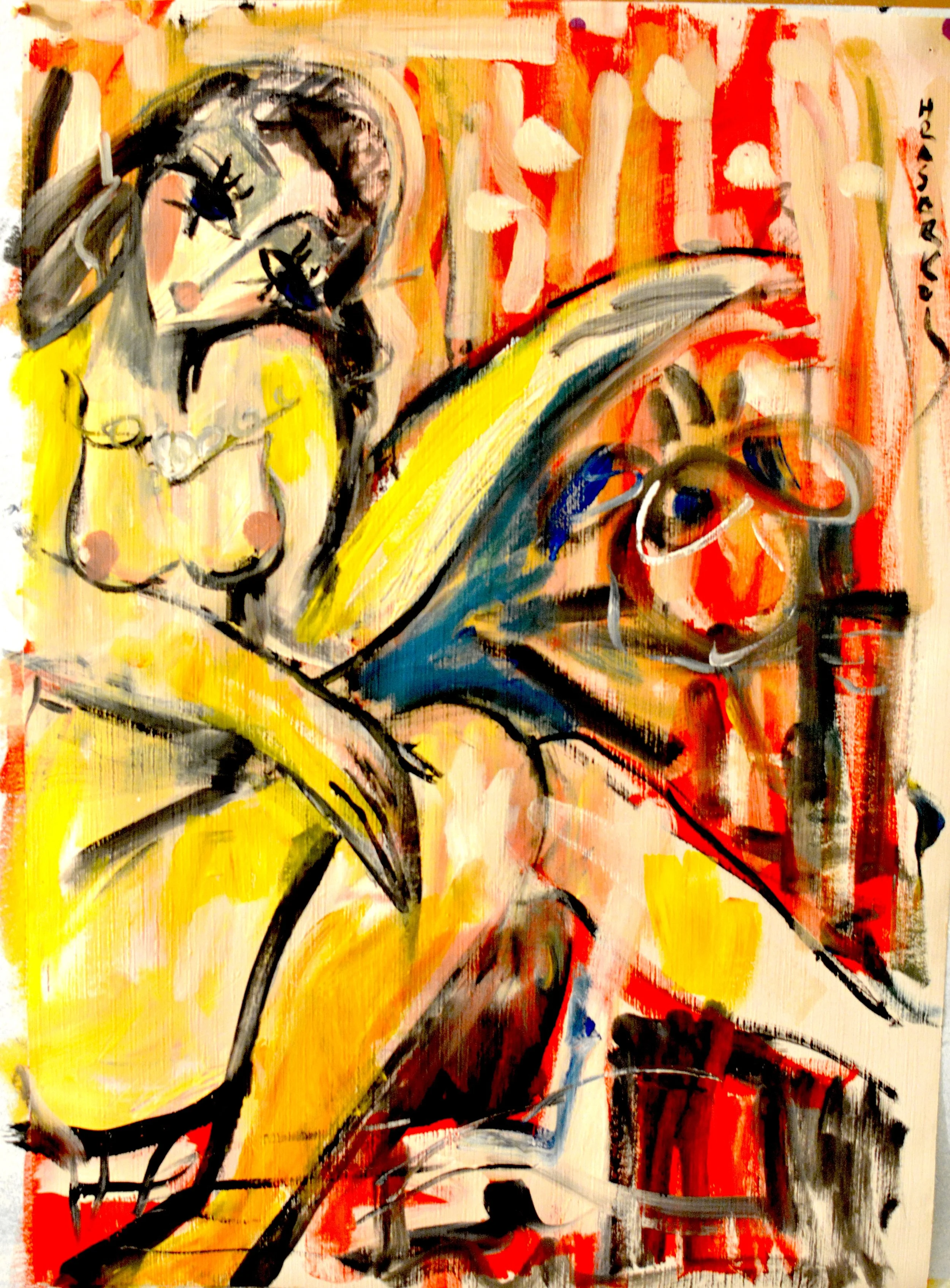 Peinture expressionniste verticale de Hrasarkos intitulée L'Odalisque aux éclats fauves. Un nu féminin stylisé aux contours noirs sur fond jaune et rouge vif, réalisé à l'huile sur papier