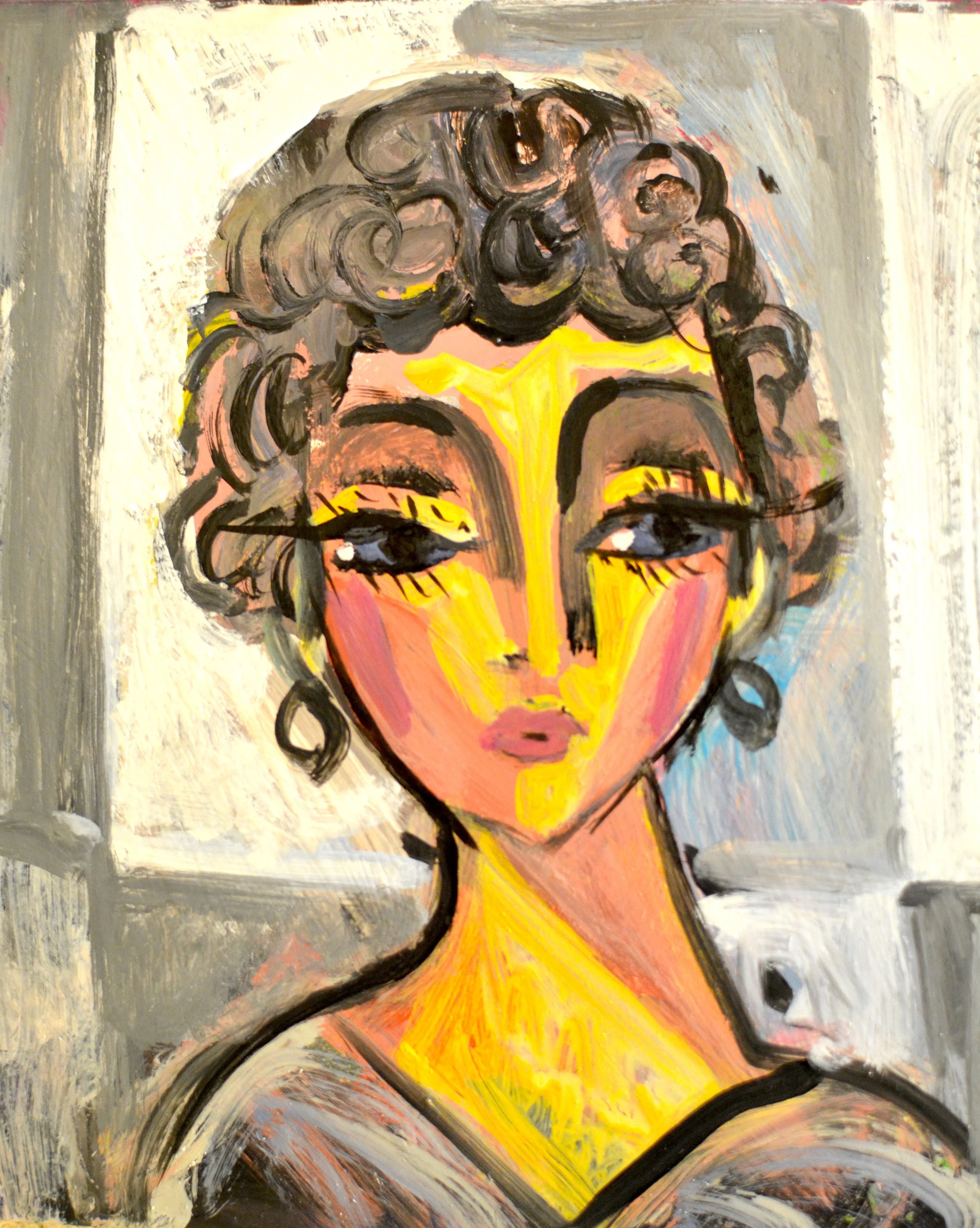 Peinture à l'huile d'un visage de femme stylisé aux tons jaunes vifs et grands yeux expressifs, intitulée "Sous la peau, le soleil" par Hrasarkos.