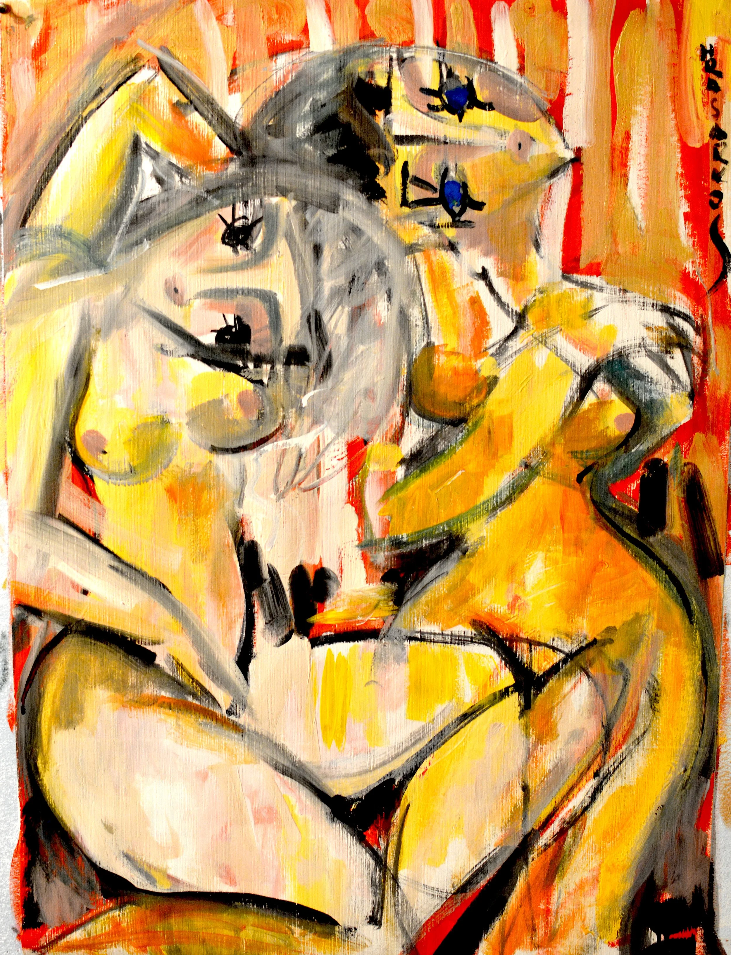 Peinture huile sur papier de Hrasarkos, format vertical 54x75 cm, représentant deux figures entrelacées style expressionniste en jaune et rouge.