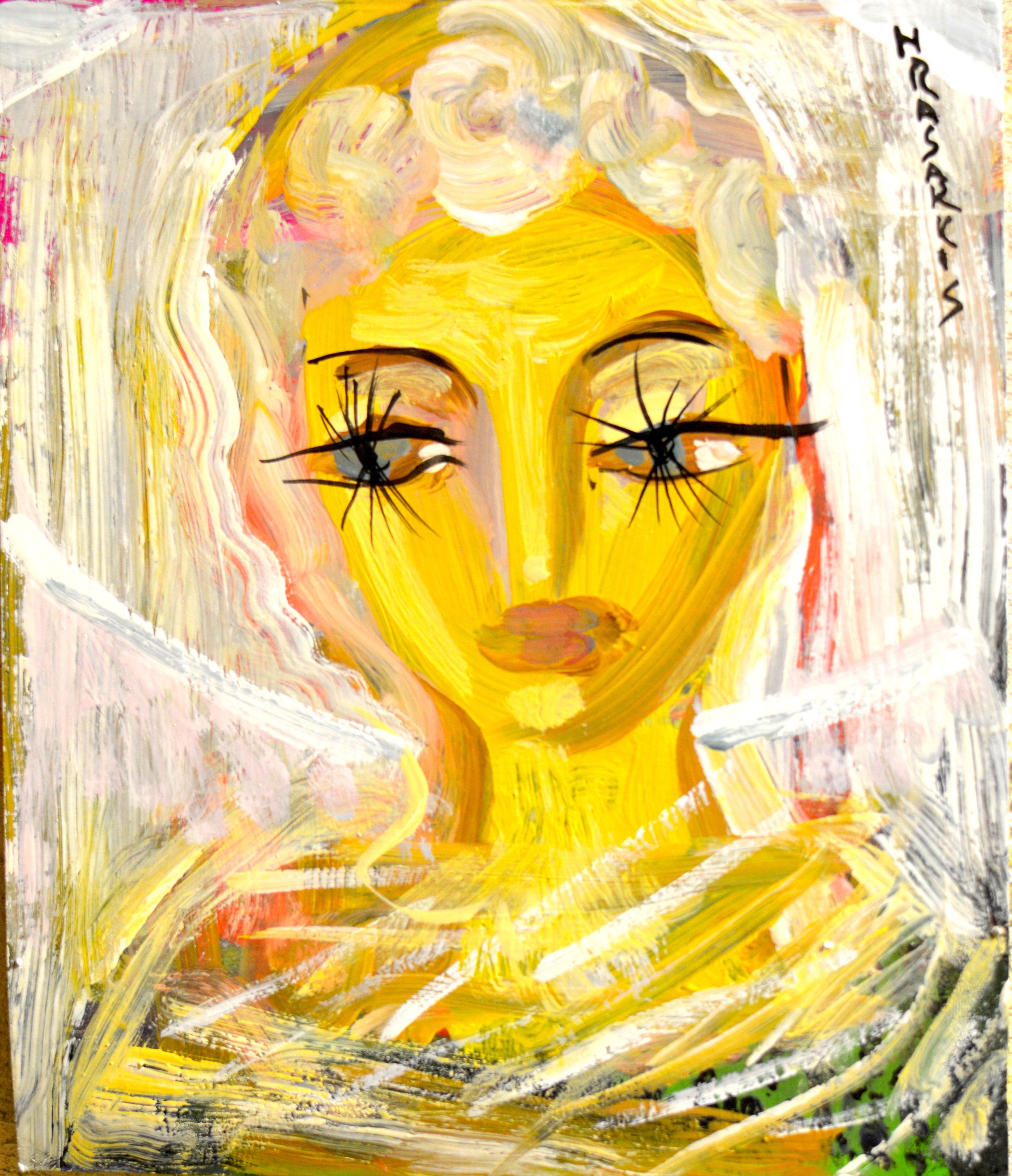 Portrait expressionniste d'une femme à l'aura blanche sur fond jaune vif, intitulée La Madone de Soufre, peinture à l'huile de Hrasarkos.