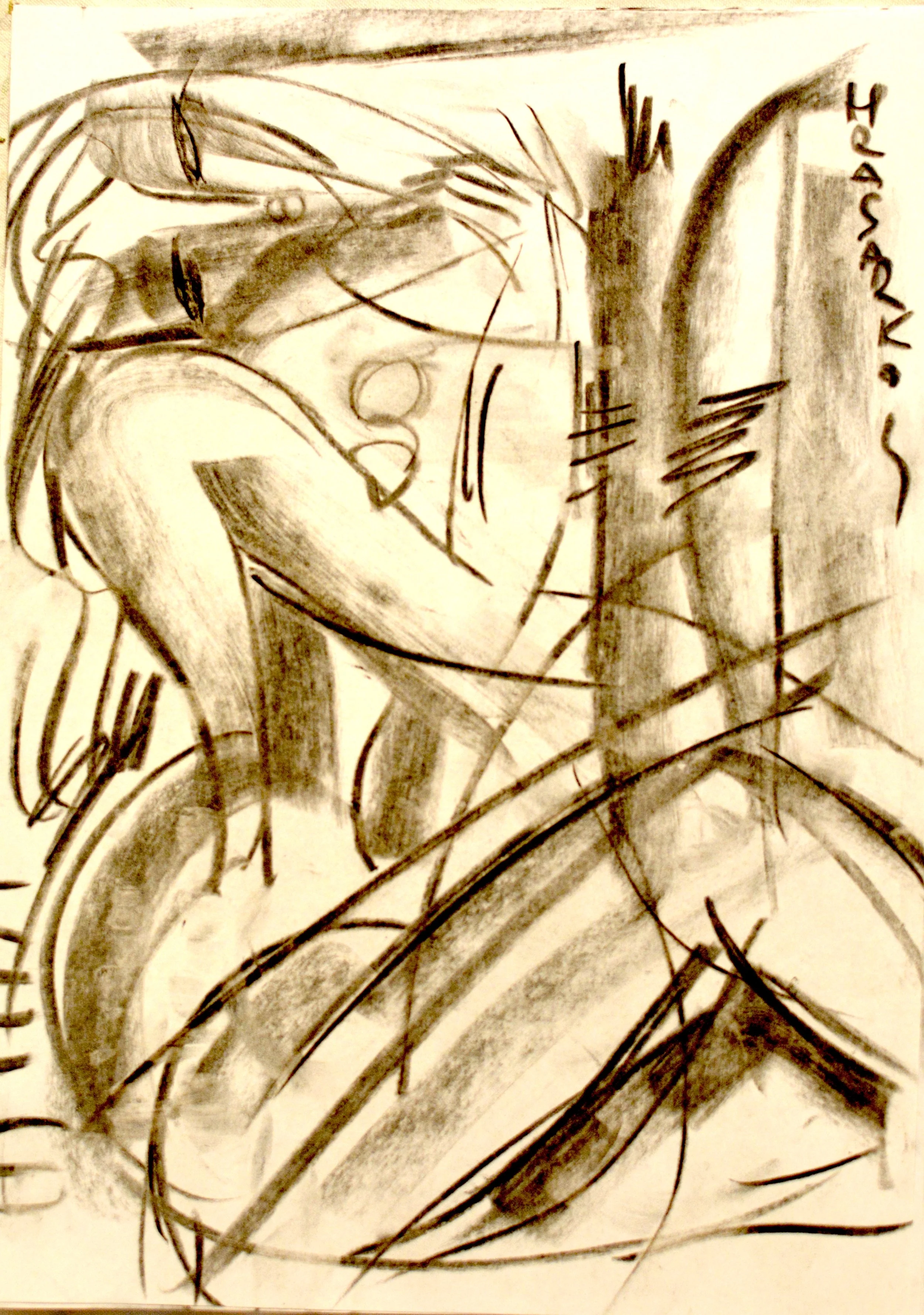 Dessin expressionniste au fusain sur papier par Hrasarkos, intitulé Sismographie du geste, présentant des lignes dynamiques et des jeux d'ombres en noir et blanc.