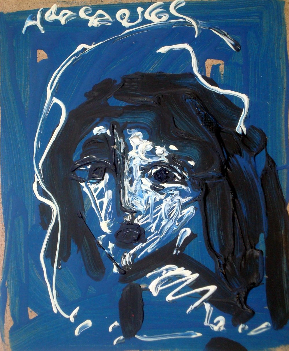 Peinture expressionniste intitulée L'Âme Griffonnée par Hrasarkos, portrait abstrait sur fond bleu avec traits noirs et blancs en relief, acrylique sur panneau, 2011.
