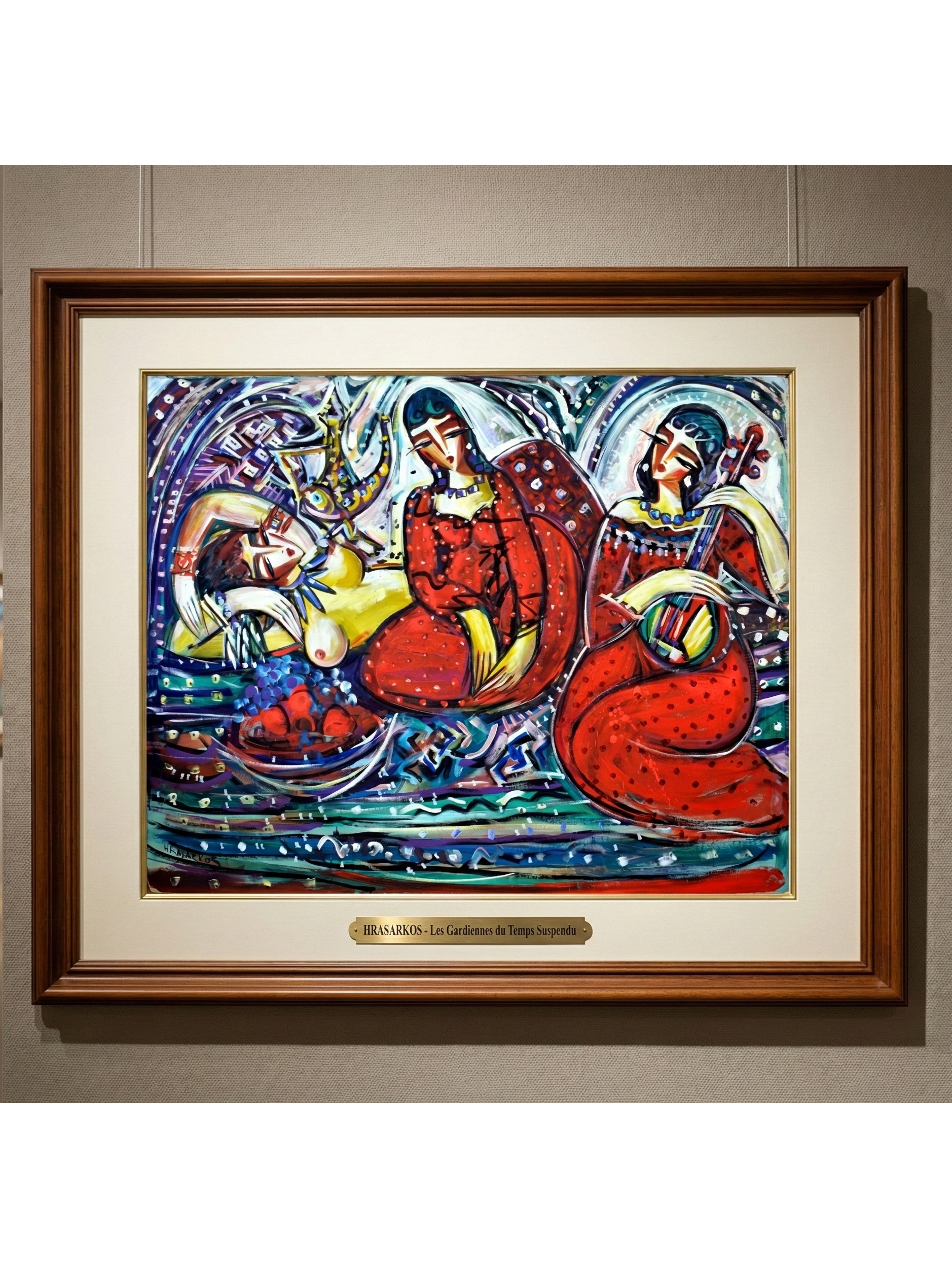 Peinture acrylique contemporaine de Hrasarkos représentant trois femmes dans un style néo-expressionniste aux couleurs rouge, bleu et jaune, 130x162 cm.