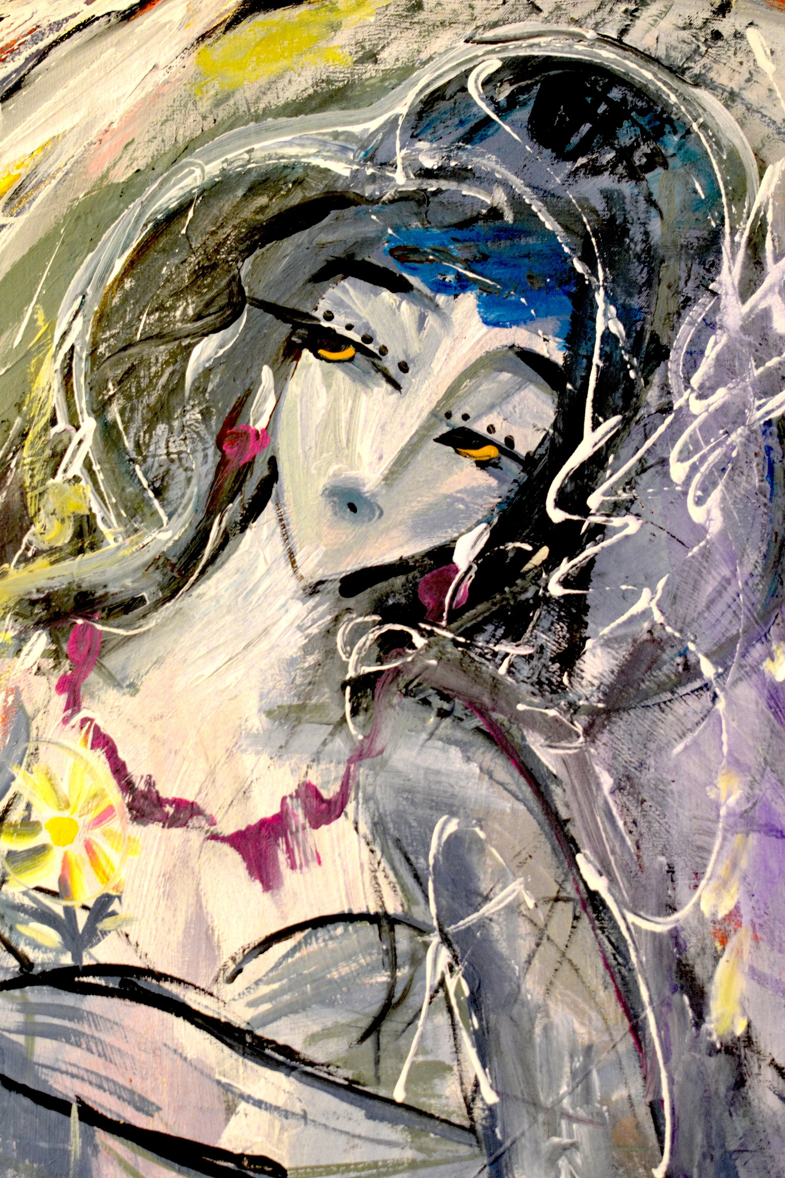 Peinture acrylique colorée de Hrasarkos représentant une femme avec un grand chapeau tenant un verre rouge, style expressionniste moderne.