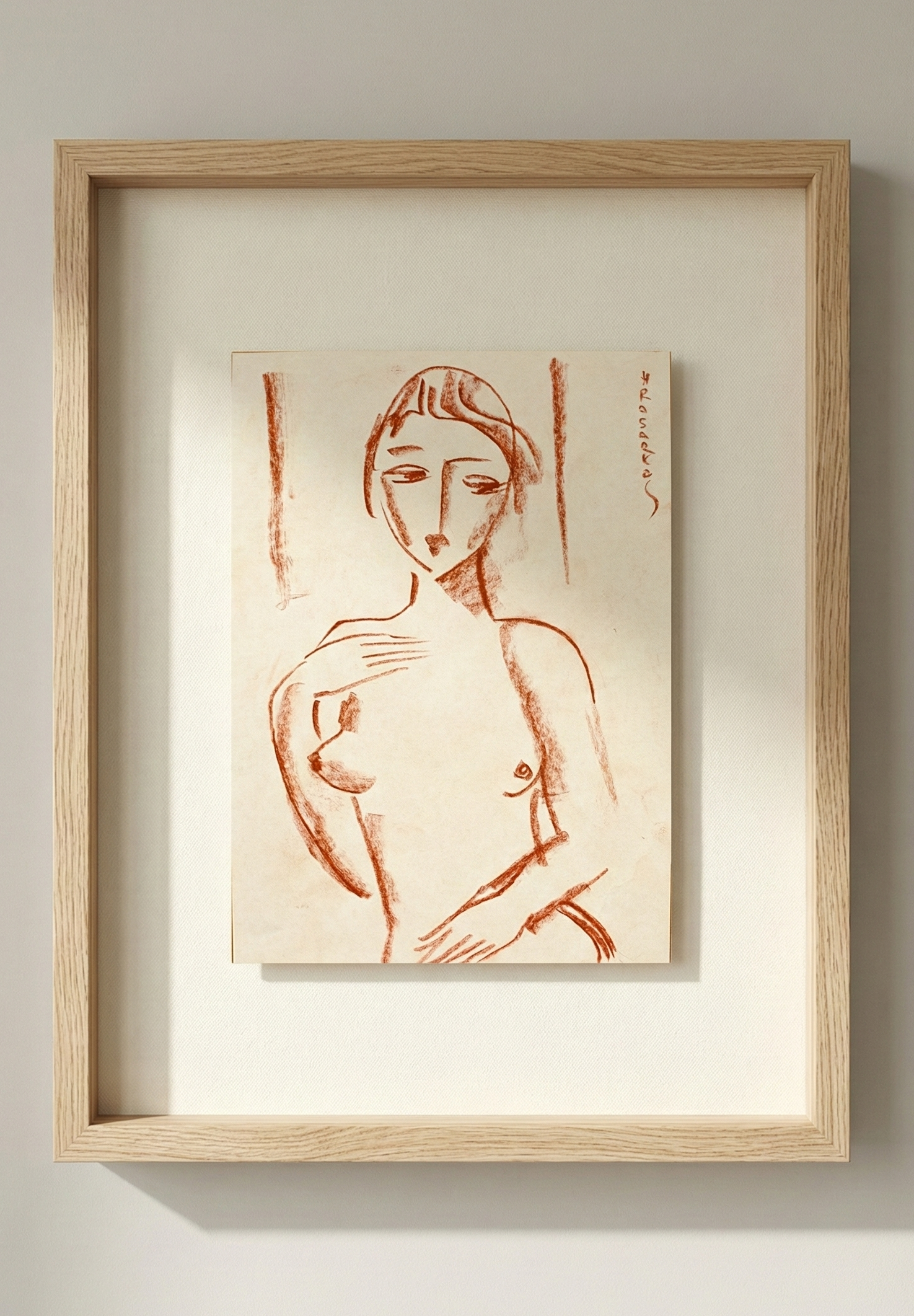 Dessin à la sanguine représentant un nu féminin stylisé aux traits géométriques par l'artiste Hrasarkos.