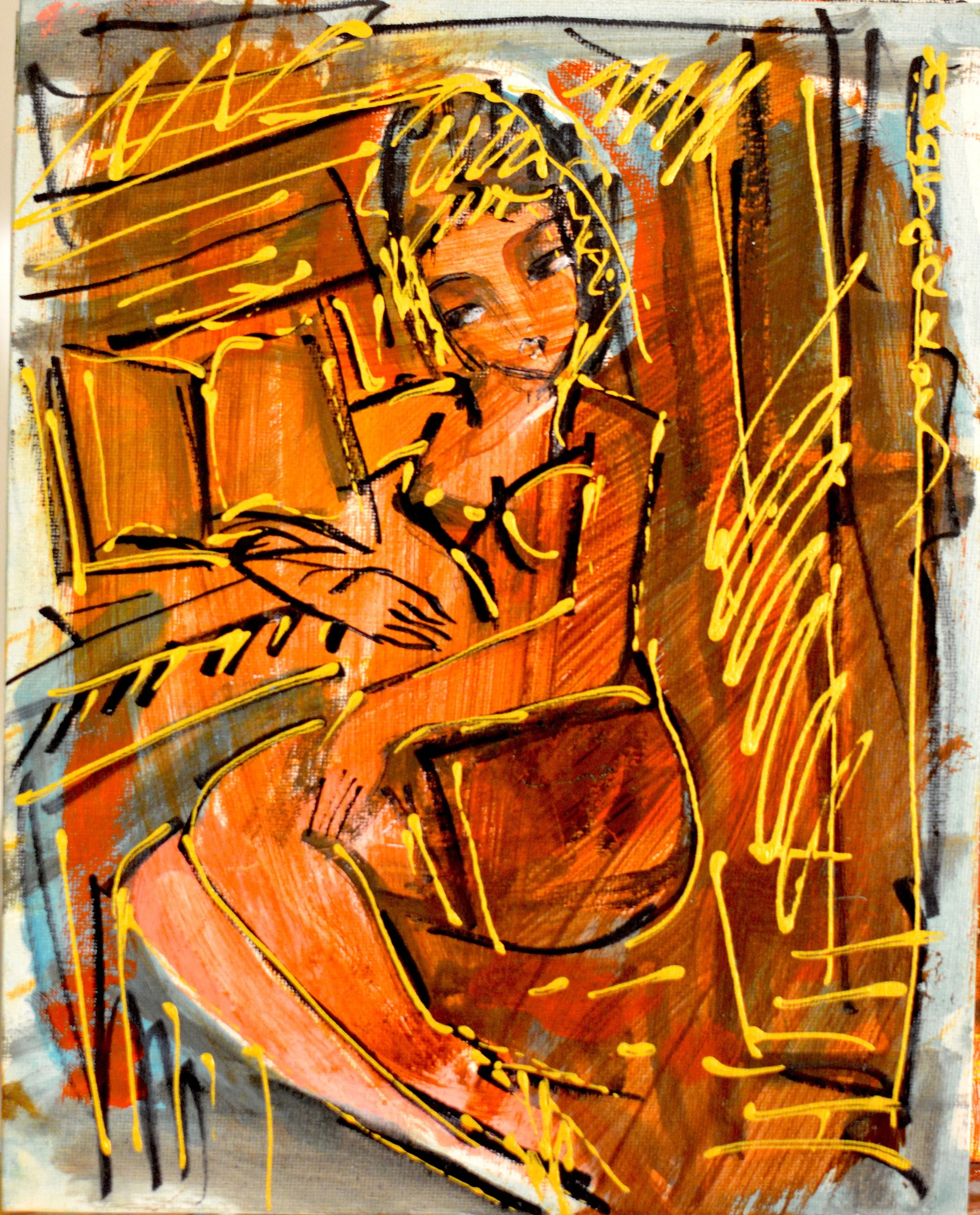 Tableau néo-expressionniste de Hrasarkos intitulé Staccato, montrant une figure féminine dans des tons ocre et orange, traversée par des lignes jaunes dynamiques et texturées.