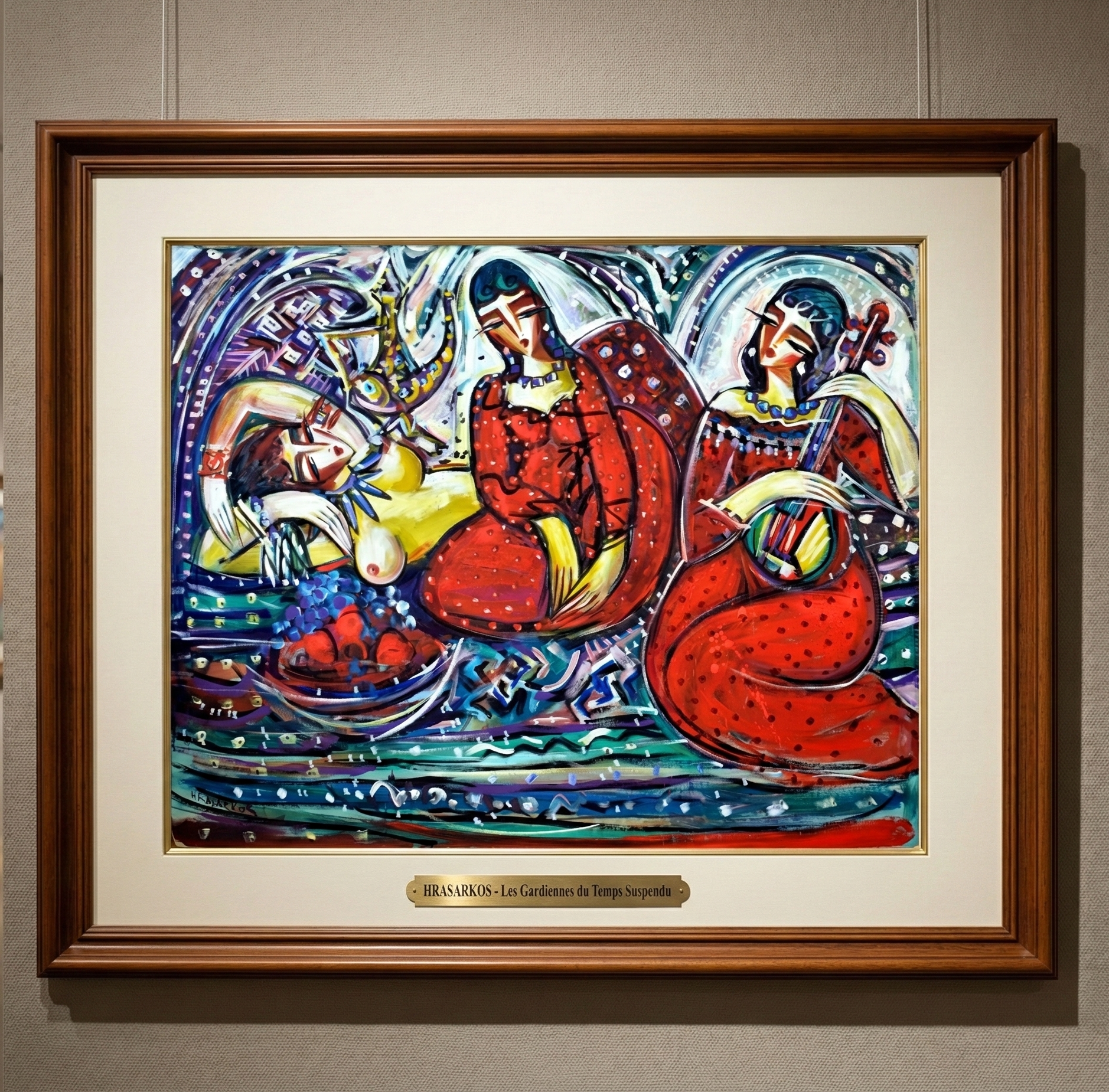 Peinture acrylique contemporaine de Hrasarkos représentant trois femmes dans un style néo-expressionniste aux couleurs rouge, bleu et jaune, 130x162 cm.