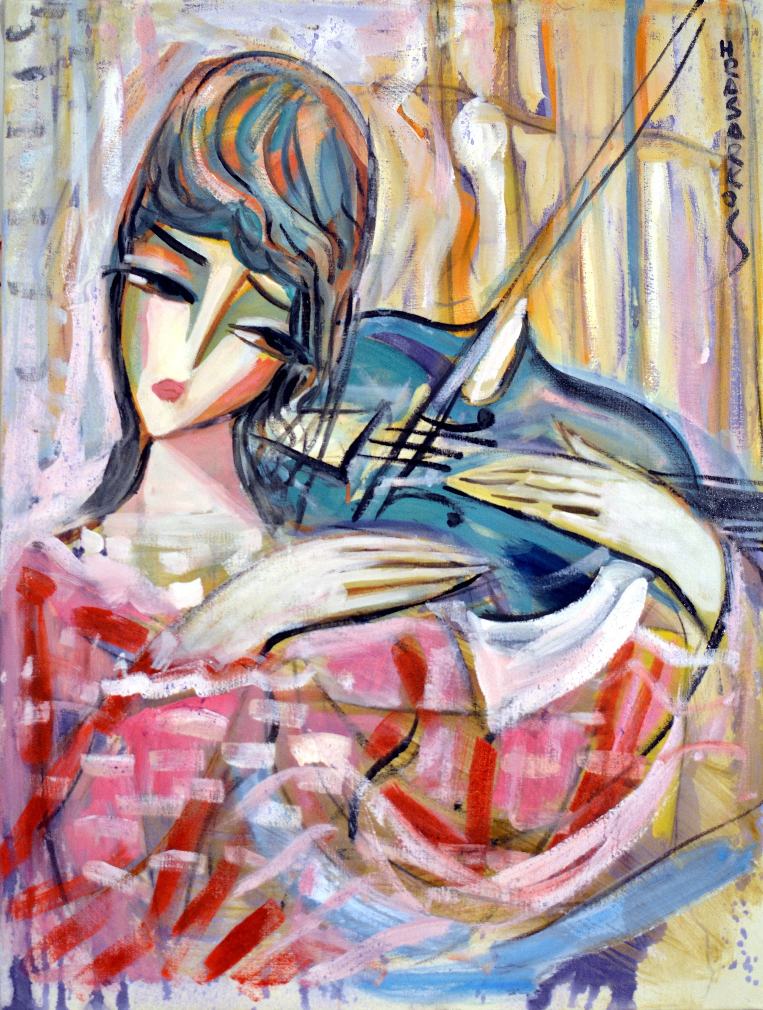 Peinture huile style cubiste coloré représentant une femme jouant d'un violon bleu sur fond abstrait jaune et rose, par l'artiste Hrasarkos.