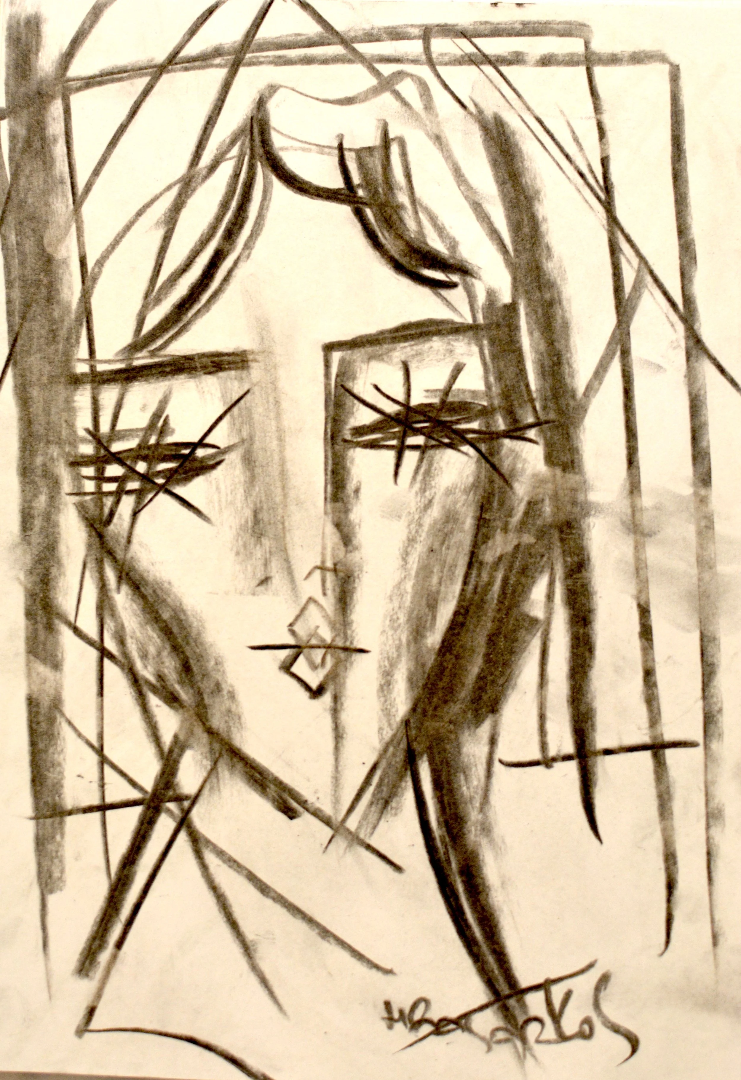 Dessin au fusain "Les Yeux d'Épines" par Hrasarkos, portrait abstrait en noir et blanc avec des yeux barrés de croix graphiques sur papier.