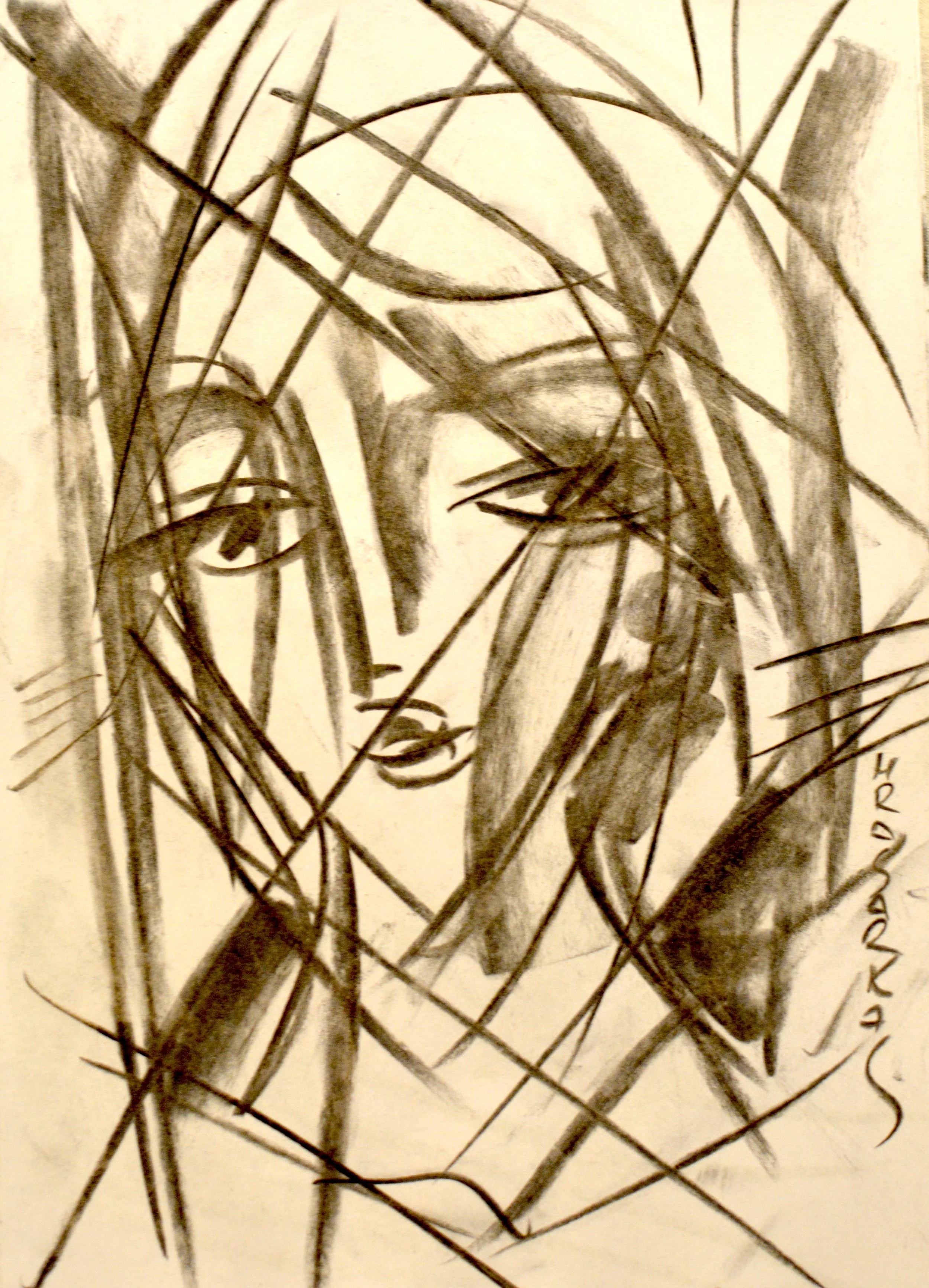 Dessin au fusain "L'Inaccessible" de Hrasarkos, portrait de femme en noir et blanc barré de lignes graphiques dynamiques.