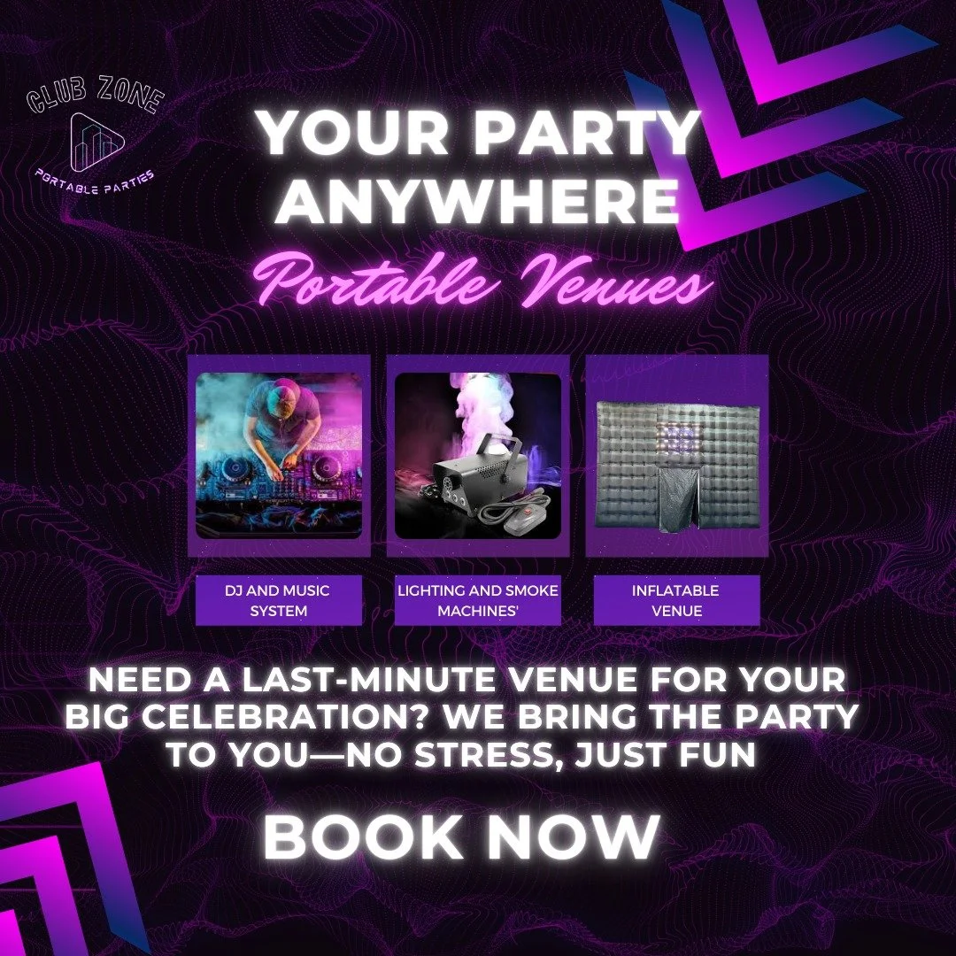 🎉 Your Party, Your Location, Our Setup! 🎶✨

Need a last-minute venue for your big celebration? Don&rsquo;t stress&mdash;we bring the party anywhere you want! Whether it&rsquo;s a backyard, rooftop, or an open field, we transform your space into the
