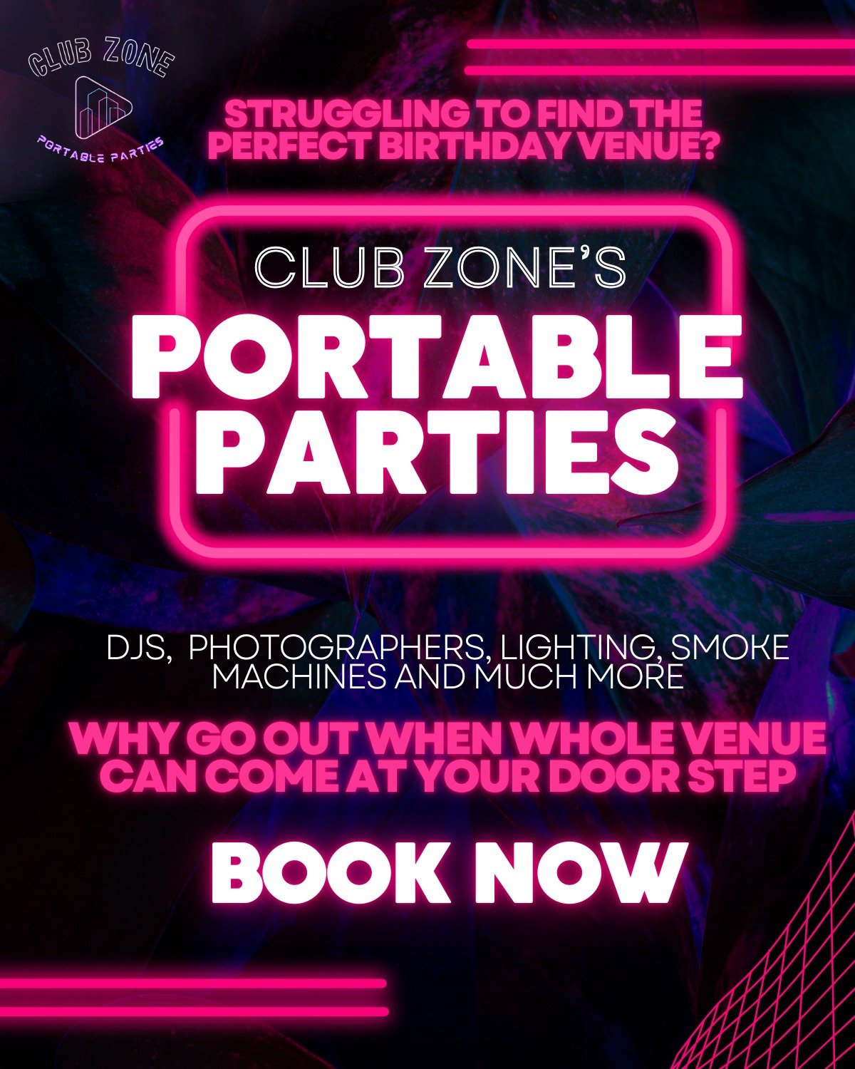 🎉 Struggling to Find the Perfect Birthday Venue? We&rsquo;ve Got You Covered! 🎶🎊

Why go out when you can bring the party to your doorstep? With Club Zone&rsquo;s Portable Parties, we deliver a fully equipped venue straight to you! 🏠💃

✨ What&rs