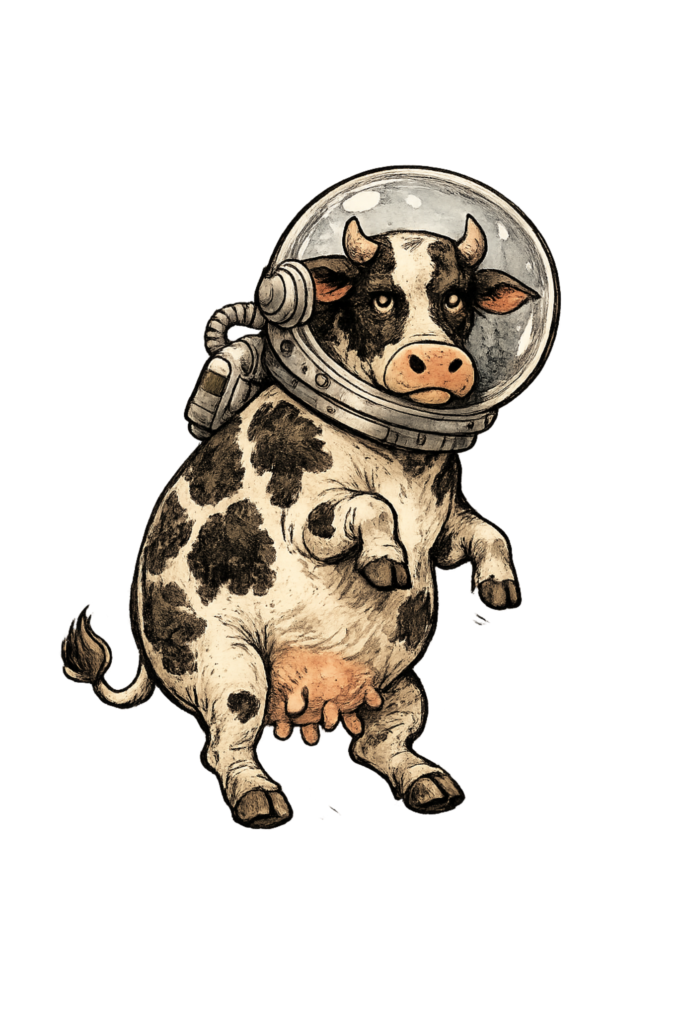Illustration of a cow wearing a vintage astronaut helmet, sitting against a black background.