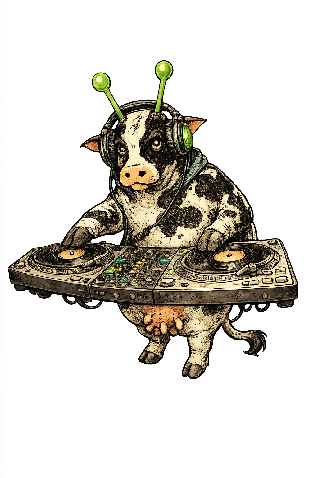 A cartoon pig with black and white patches wearing headphones and green antennae, operating a DJ turntable.