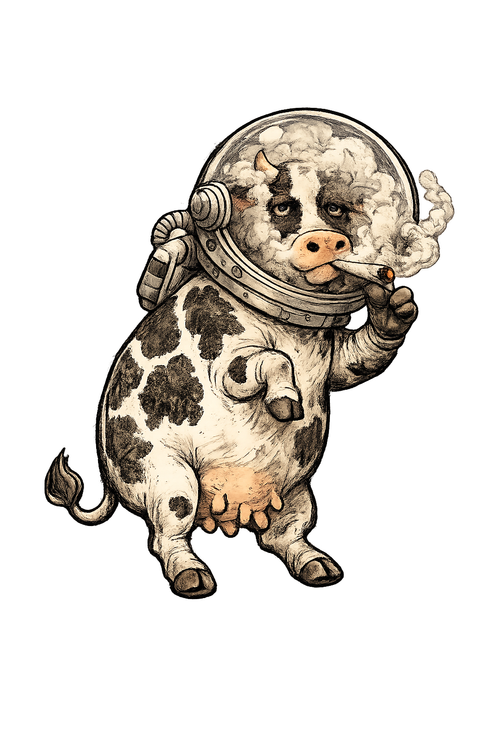 A cartoon illustration of a cow wearing a space helmet, smoking a cigarette, and looking tired.