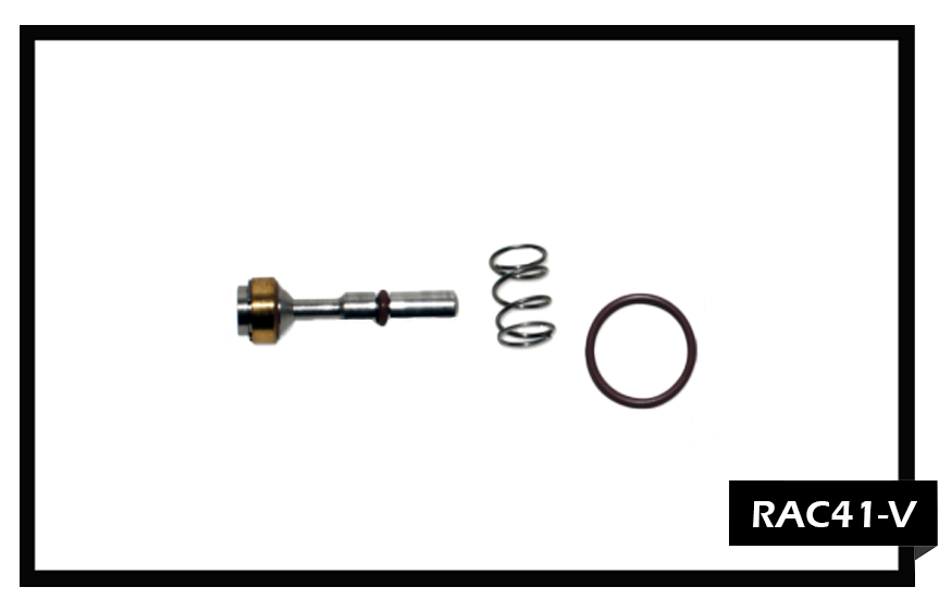 PMF RAC41-V Valve Repair Kit with high-temperature Viton O-rings, plunger stem, stainless steel spring, and brass nut for carpet cleaning wands.