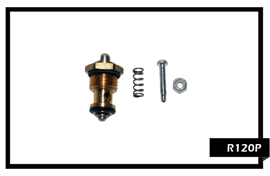 PMF R120P Valve Repair Kit for 120 PSI plastic upholstery tool valves, including replacement plunger stem, stainless steel spring, and O-ring seals.
