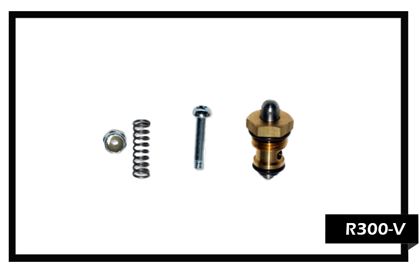 PMF R300V Valve Repair Kit with high-temp Viton O-rings, replacement stem, and stainless steel spring for V300 series upholstery tool valves."