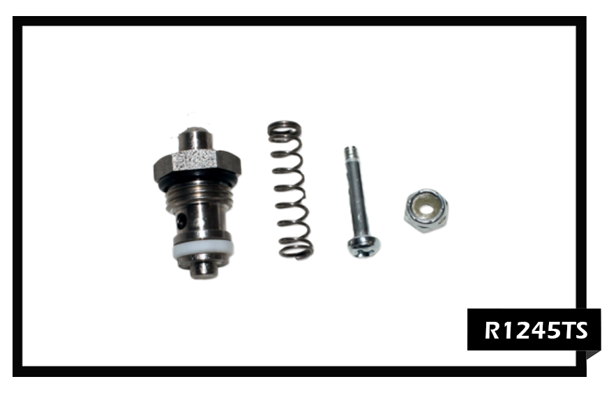 PMF R1245TS Valve Repair Kit for V1245S stainless steel valves, featuring high-pressure Teflon O-rings, plunger stem, and heavy-duty spring