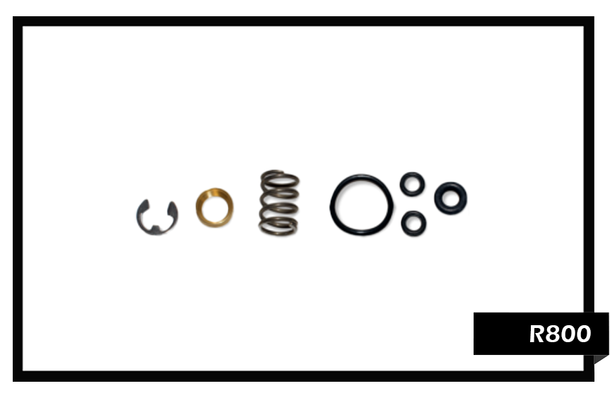 PMF R800 Valve Repair Kit for brass wand valves, featuring a replacement plunger stem, stainless steel spring, and high-pressure O-ring seals