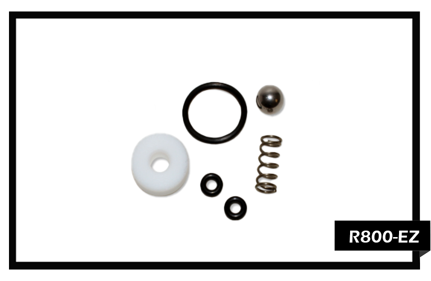 PMF R800-EZ Valve Repair Kit for EZ-Squeeze brass valves, featuring a light-tension spring, plunger stem, and high-pressure O-ring seals to reduce trigger force