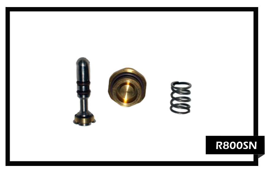 PMF R800SN Valve Repair Kit for brass wand valves, featuring a swivel nut assembly, plunger stem, heavy-duty spring, and standard O-ring seals.