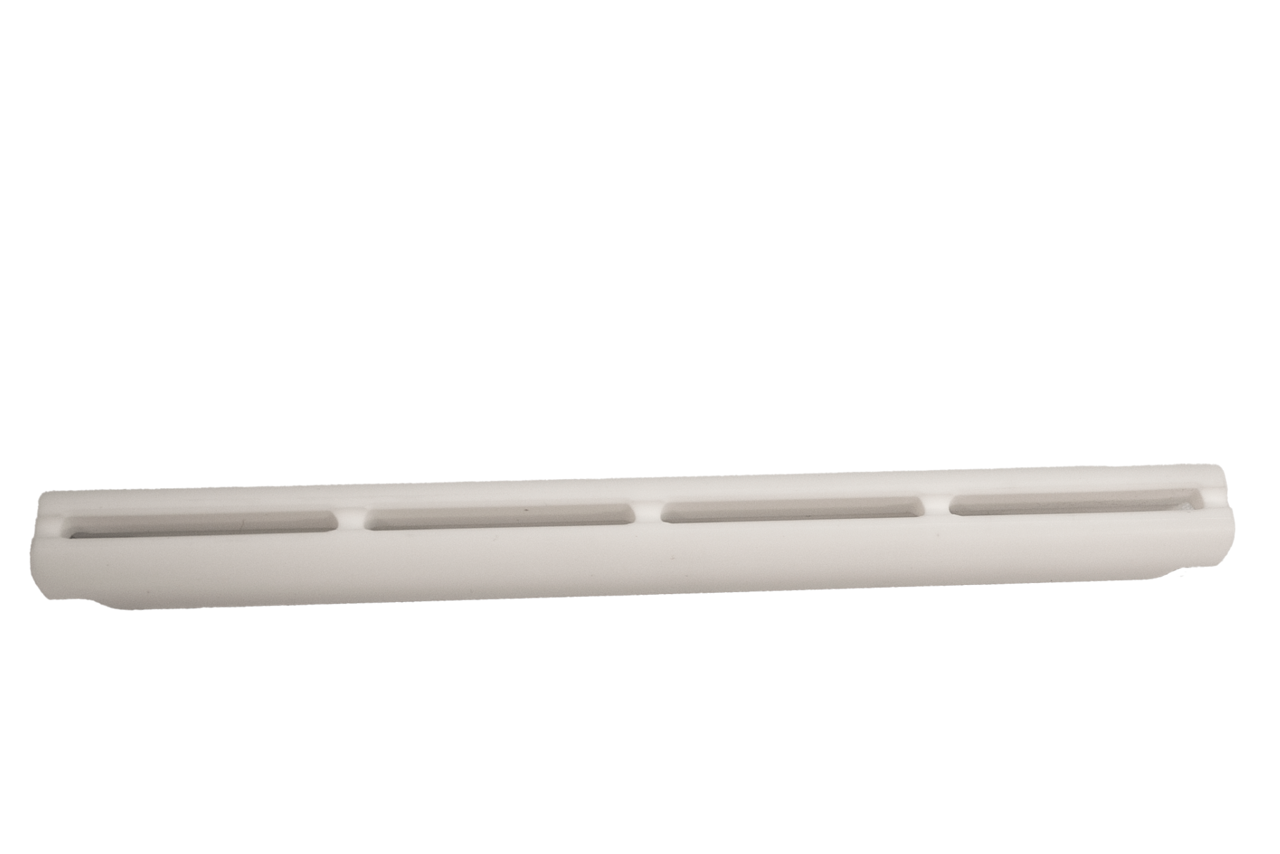 Bottom view of a white Teflon AC33-802 snap-on glide for a 12-inch PMF 802 series carpet cleaning wand, featuring a smooth surface to reduce friction and improve water extraction