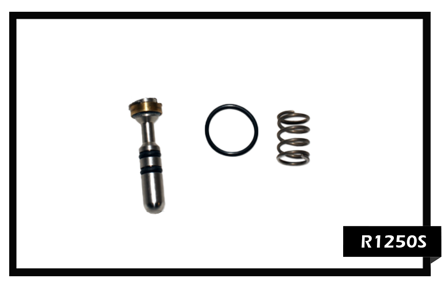 PMF R1250S High-Pressure Valve Repair Kit for carpet cleaning wands, including plunger stem, heavy-duty spring, O-rings, and valve seat