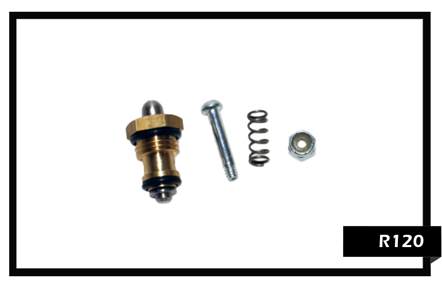 PMF R120 Valve Repair Kit for 120 PSI plastic upholstery tools, includes replacement plunger stem, stainless steel spring, and rubber O-ring seals.