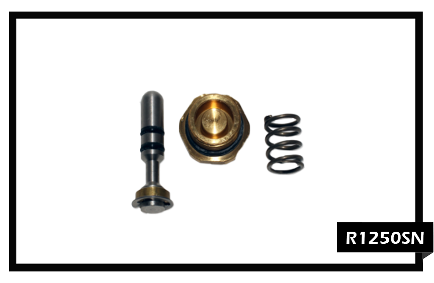 PMF R1250SN Valve Repair Kit for high-pressure carpet cleaning wands, featuring large plunger stem, heavy-duty spring, and specialized seals.