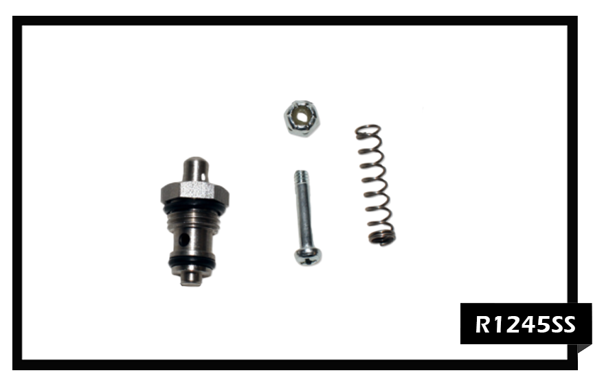 PMF R1245SS Valve Repair Kit for V1245S stainless steel upholstery tools, including stainless steel plunger stem, heavy-duty spring, and high-pressure seals."