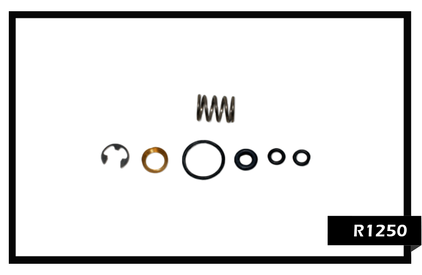 PMF R1250 Repair Kit for V1250 stainless steel wand valves, includes plunger stem, heavy-duty spring, and high-pressure O-ring seals