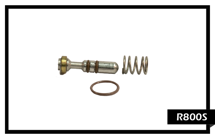 PMF R800S Valve Repair Kit for 800 PSI brass wand valves, including plunger stem, stainless steel spring, valve seat, and standard O-ring seals.