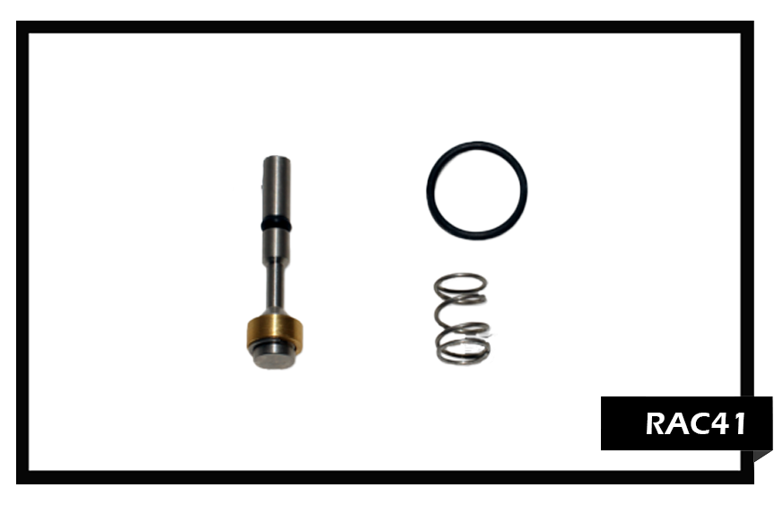 PMF RAC41 Valve Repair Kit for carpet cleaning wands, featuring a replacement plunger stem, stainless steel spring, O-rings, and brass nut.