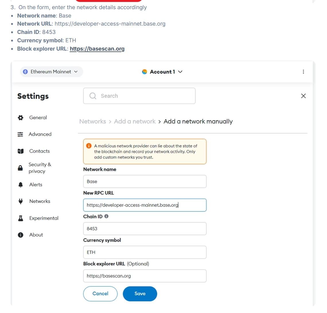 Screenshot of instructions for adding a blockchain network manually in a settings menu. It includes fields for Network Name, New RPC URL, Chain ID, Currency Symbol, and Block Explorer URL. The menu shows a warning about network provider risks. The fields are filled with details for a network named "Base."