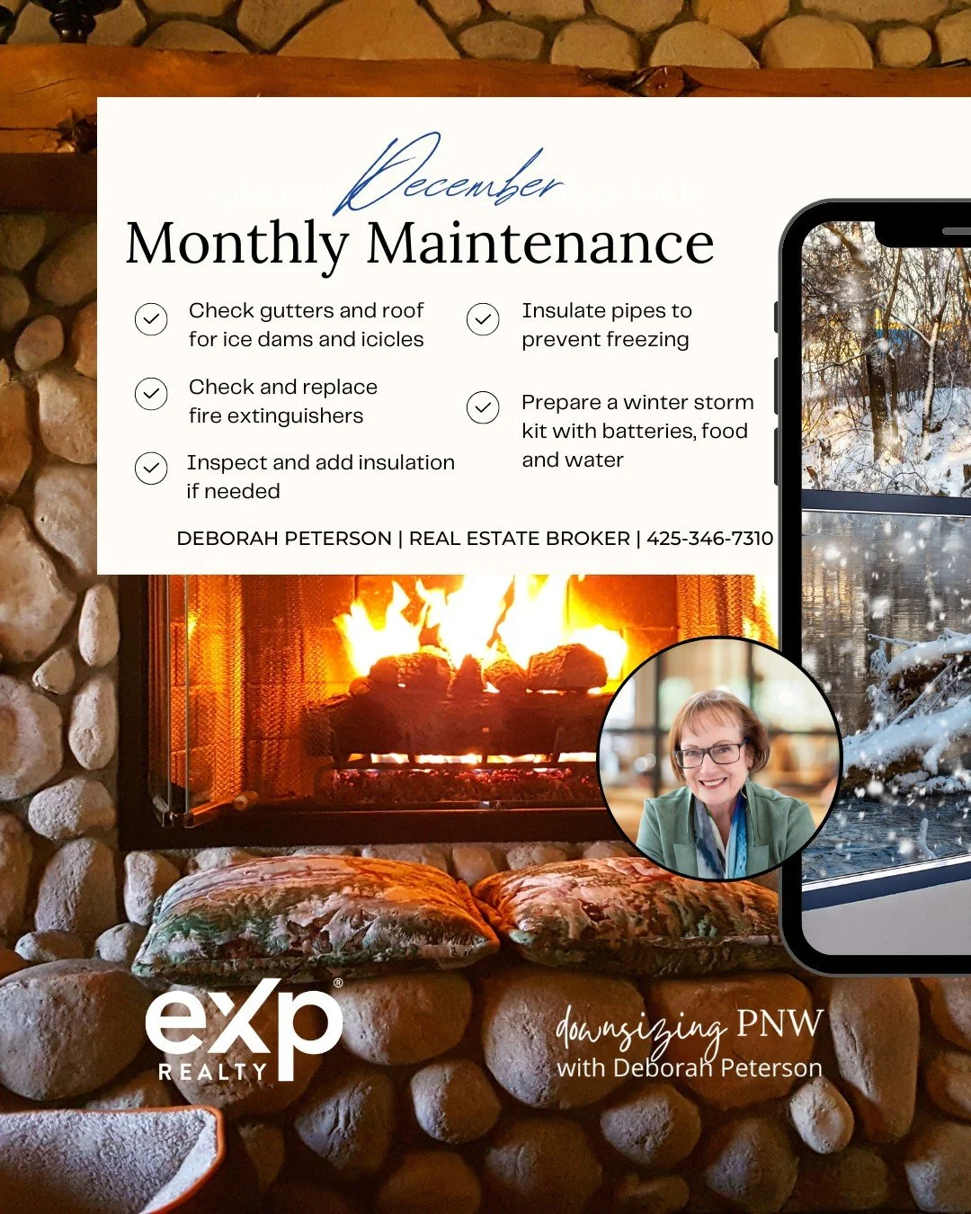 December Monthly Maintenance Tips!

✅ Check gutters and roof for ice dams and icicles 
✅ Check and replace fire extinguishers 
✅ Inspect and add insulation if needed 
✅ Insulate pipes to prevent freezing 
✅ Prepare a winter storm kit with batteries, 