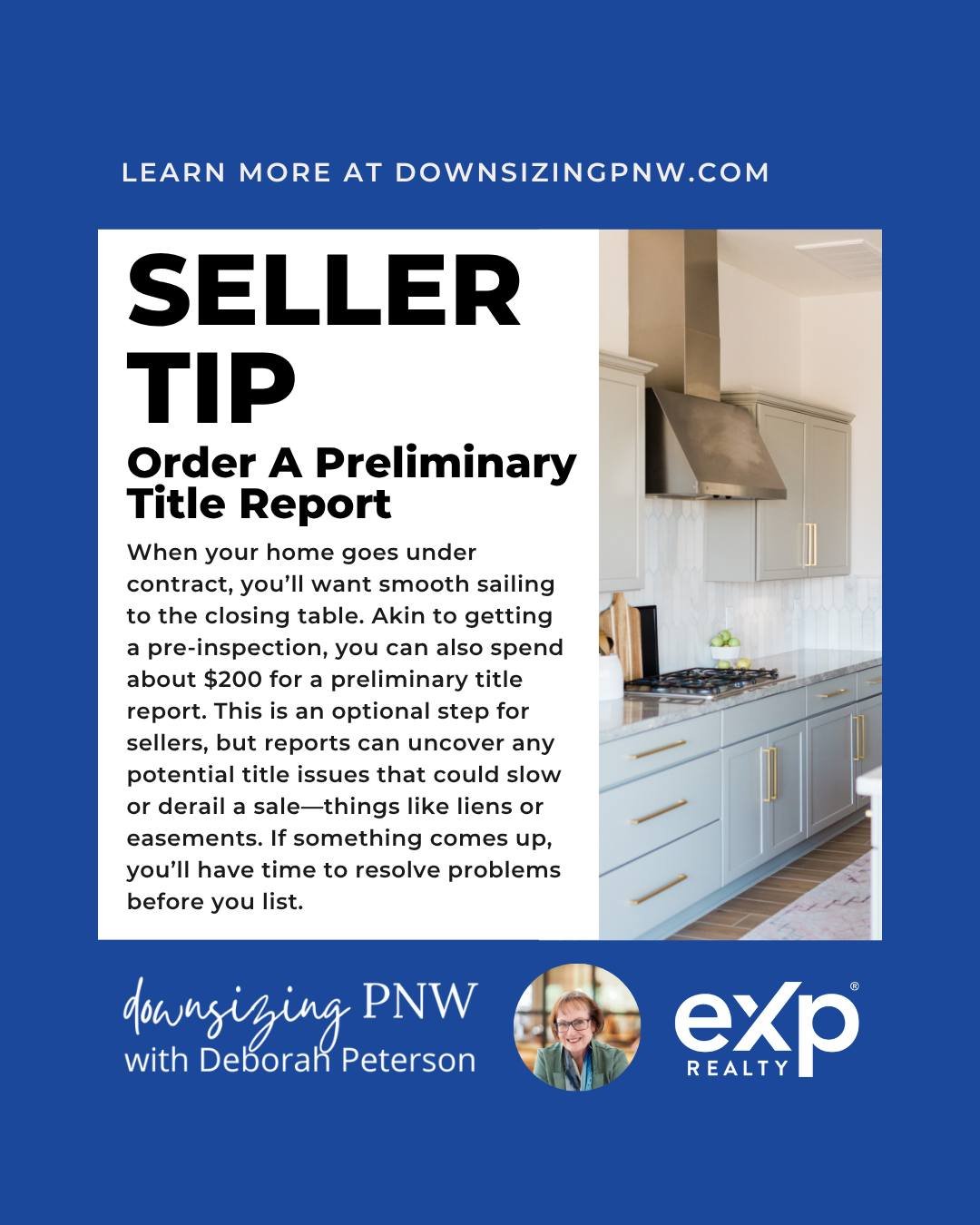 Seller Tip - January

Order A Preliminary Title Report 
When your home goes under contract, you&rsquo;ll want smooth sailing to the closing table. Akin to getting a pre-inspection, you can also spend about $200 for a preliminary title report. This is