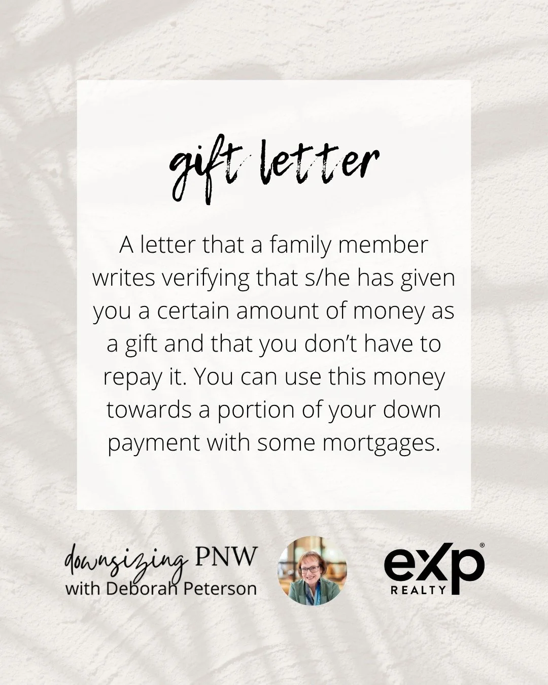 Real Estate Terms

GIFT LETTER
A letter that a family member writes verifying that s/he has given you a certain amount of money as a gift and that you don&rsquo;t have to repay it. You can use this money towards a portion of your down payment with so